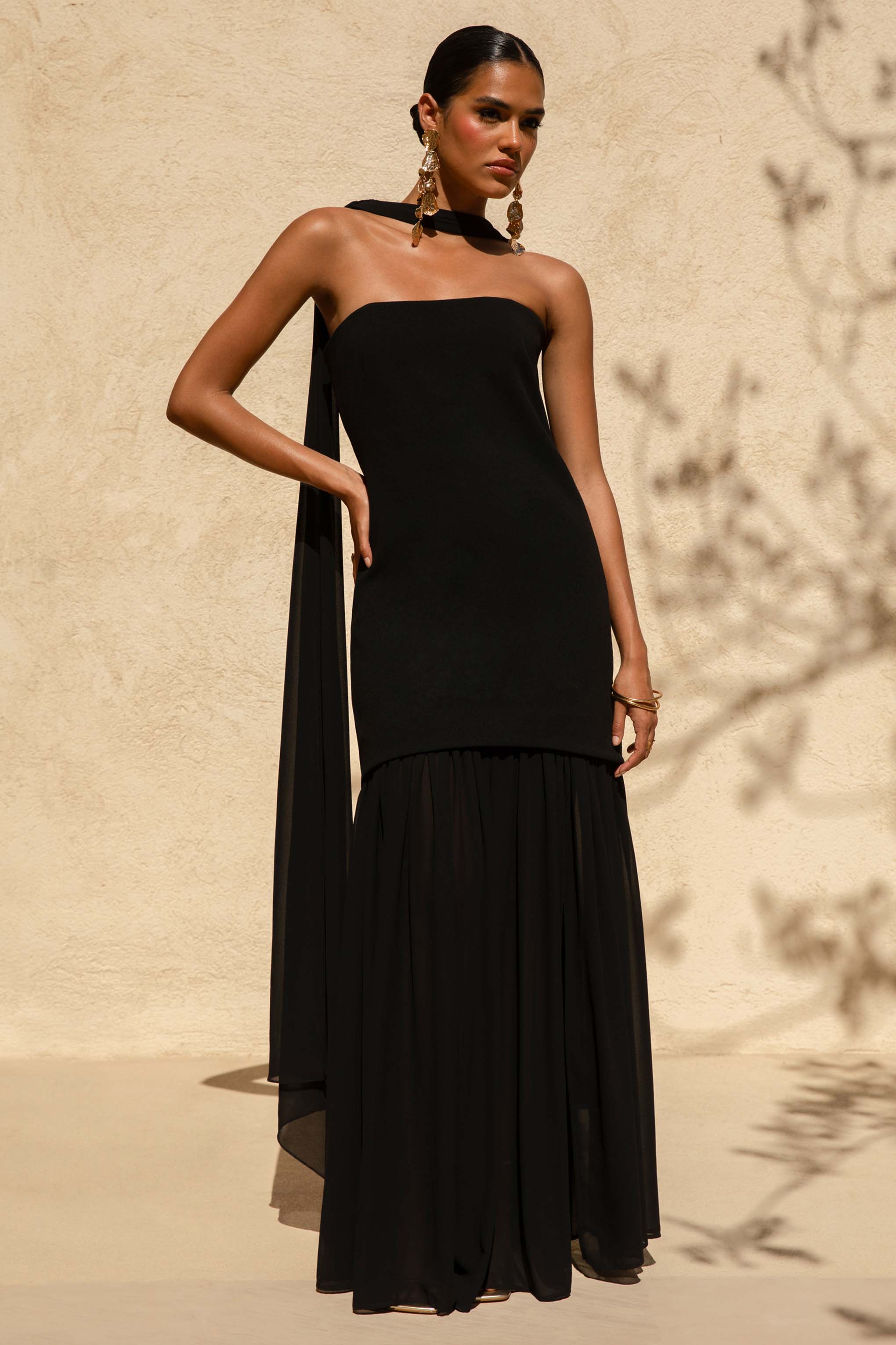 Kylie | Black High-Neck Maxi Dress With Chiffon Skirt