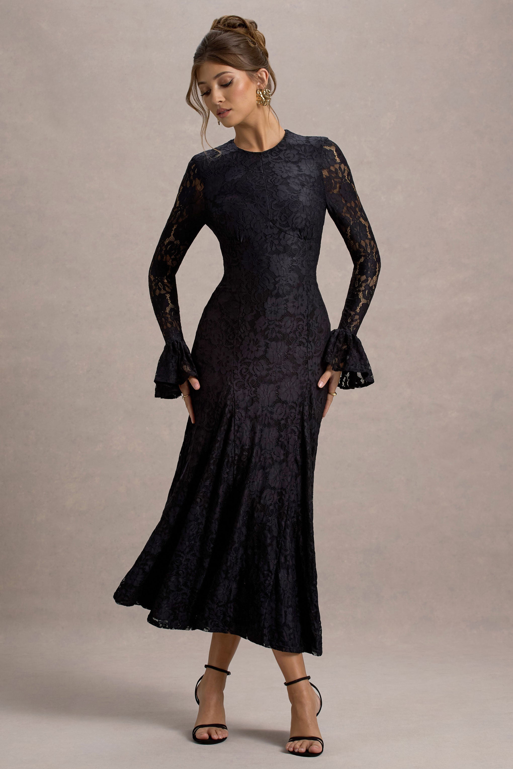 For Life | Black Lace Long-Sleeve Midi Dress