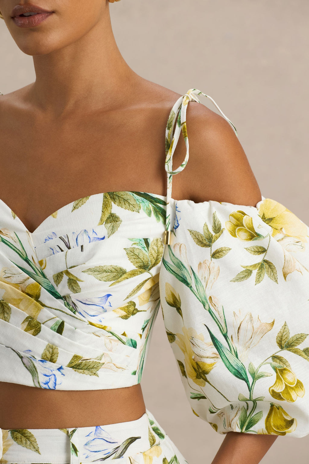 Amberly | White Linen Botanical Print Plunge-Neck Ruffled Crop Top