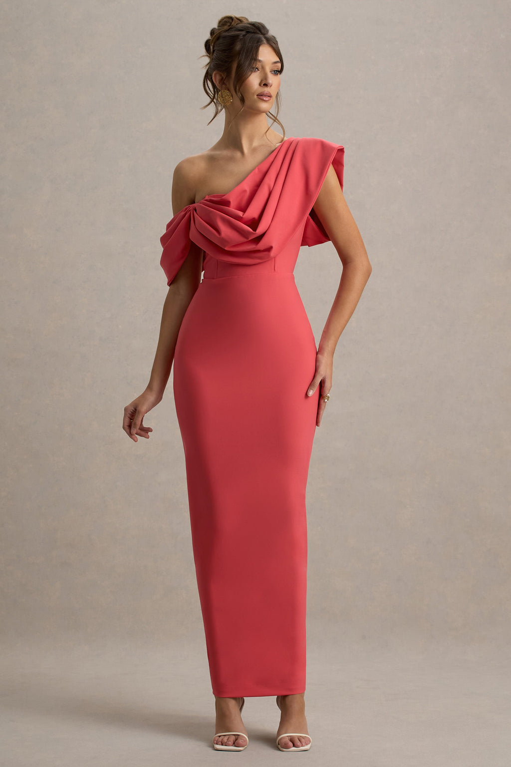 Angelina | Pink Draped Shoulder Maxi Dress