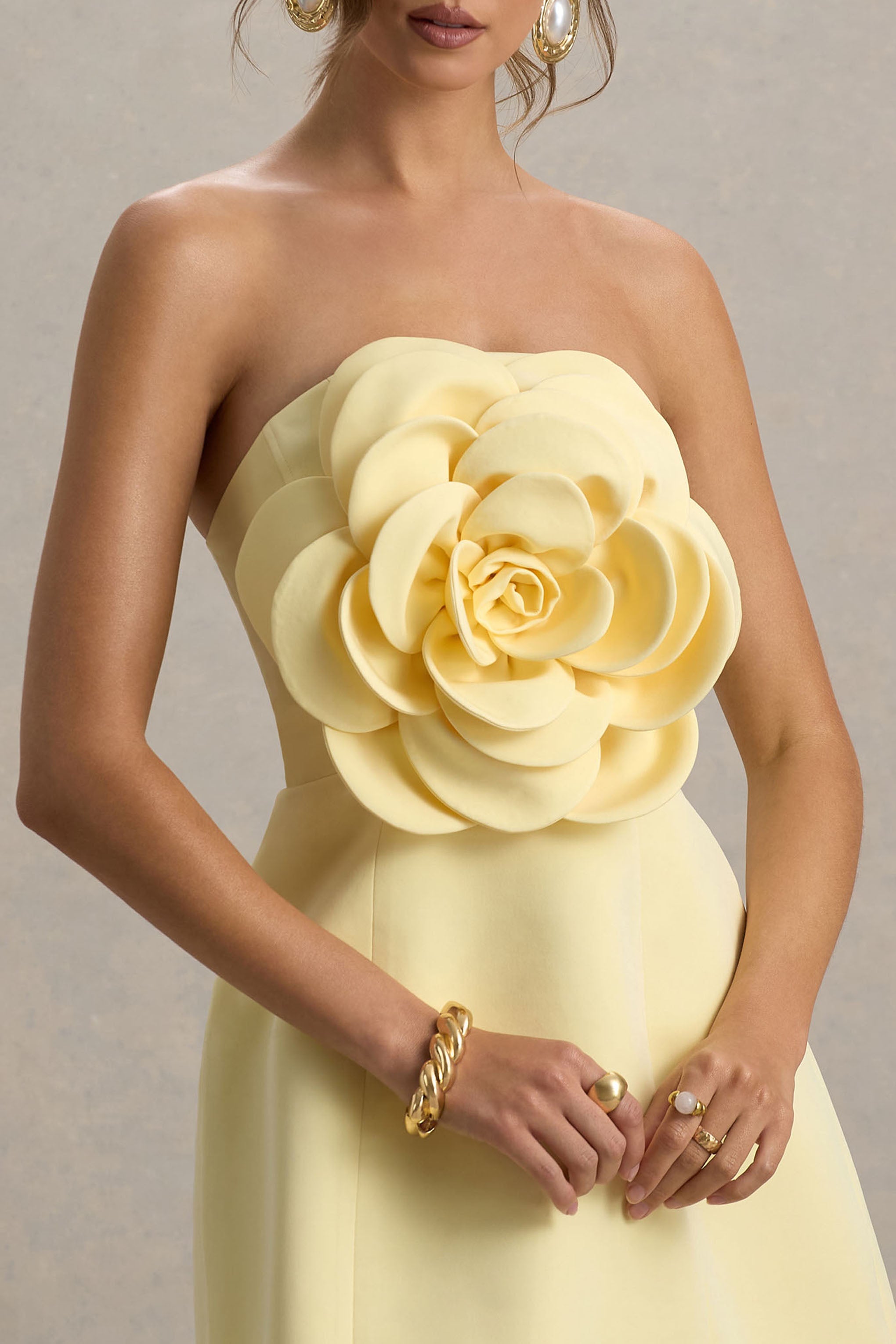 Daffodil | Lemon Bandeau Mini Dress With Large Floral Corsage