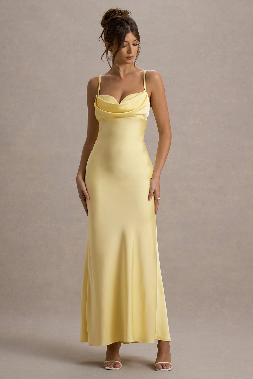 Eimear | Lemon Satin Draped Sweetheart Maxi Dress