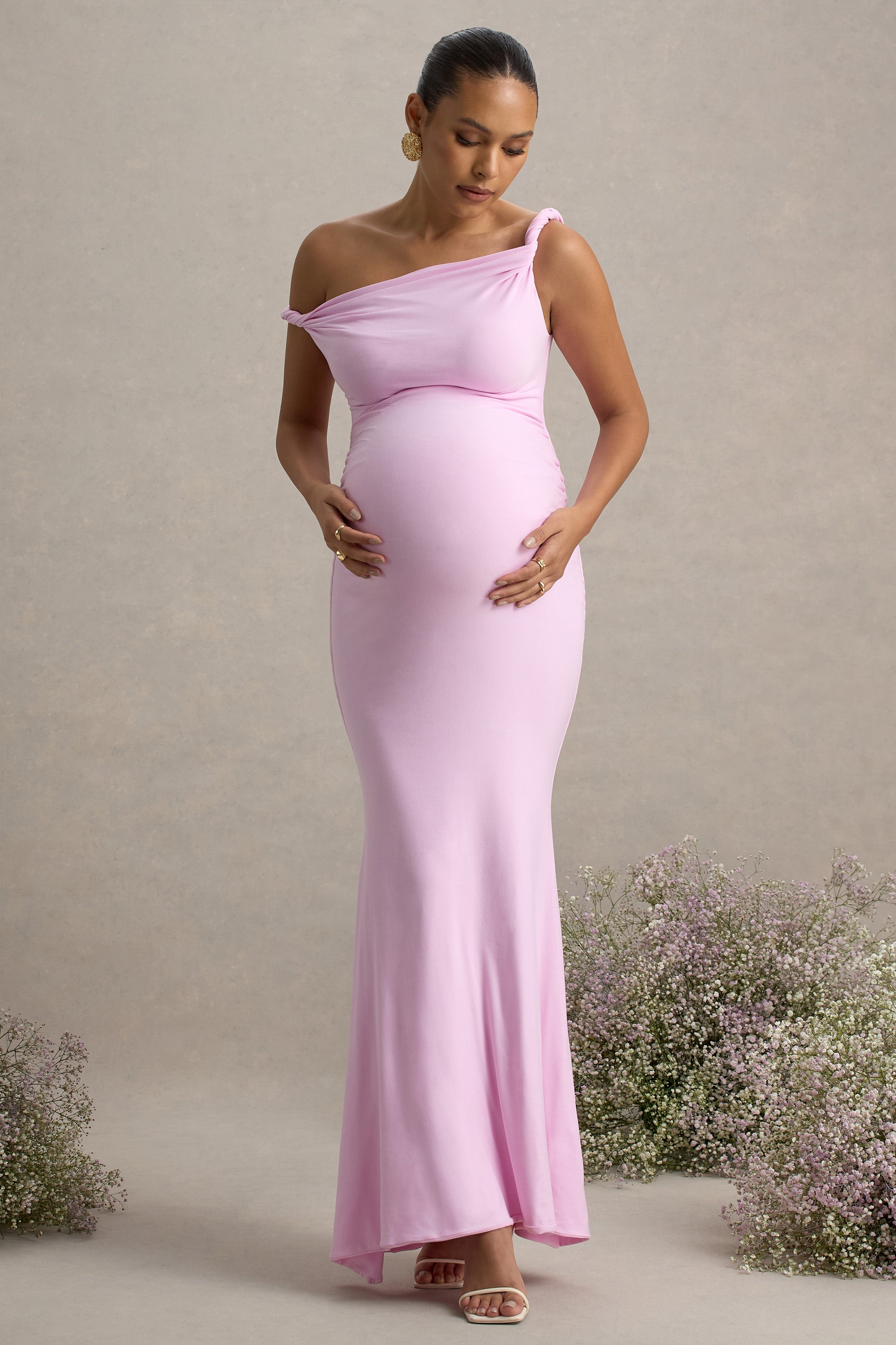 Lita | Pink Twisted Asymmetric Maternity Maxi Dress