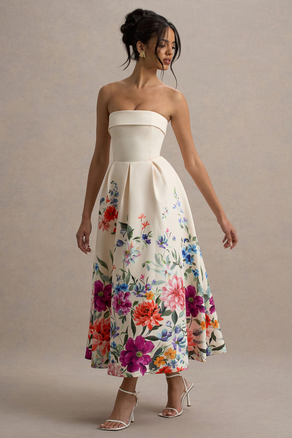 Annalise | Light Pink Floral Print Bandeau Skater Midi Dress