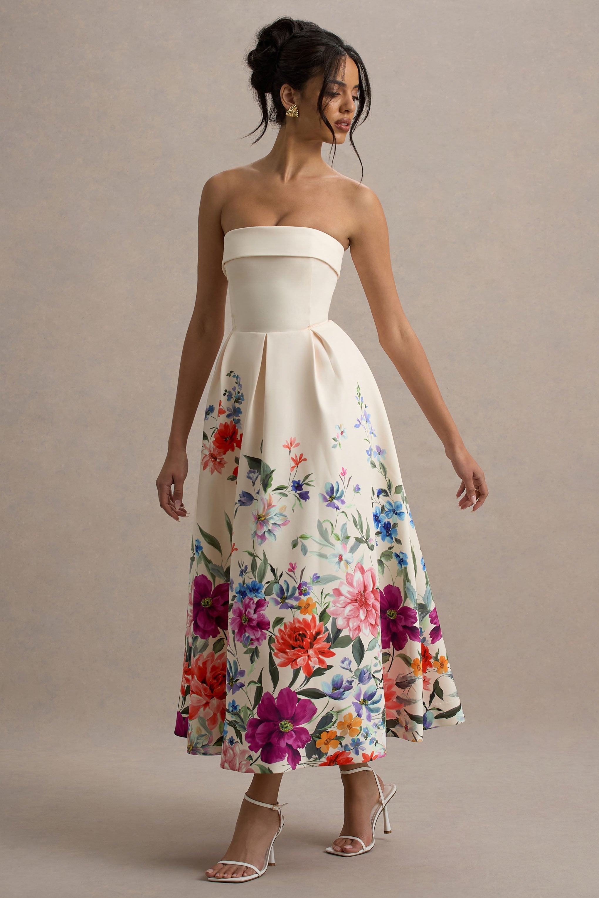 Annalise | Light Pink Floral Print Bandeau Skater Midi Dress