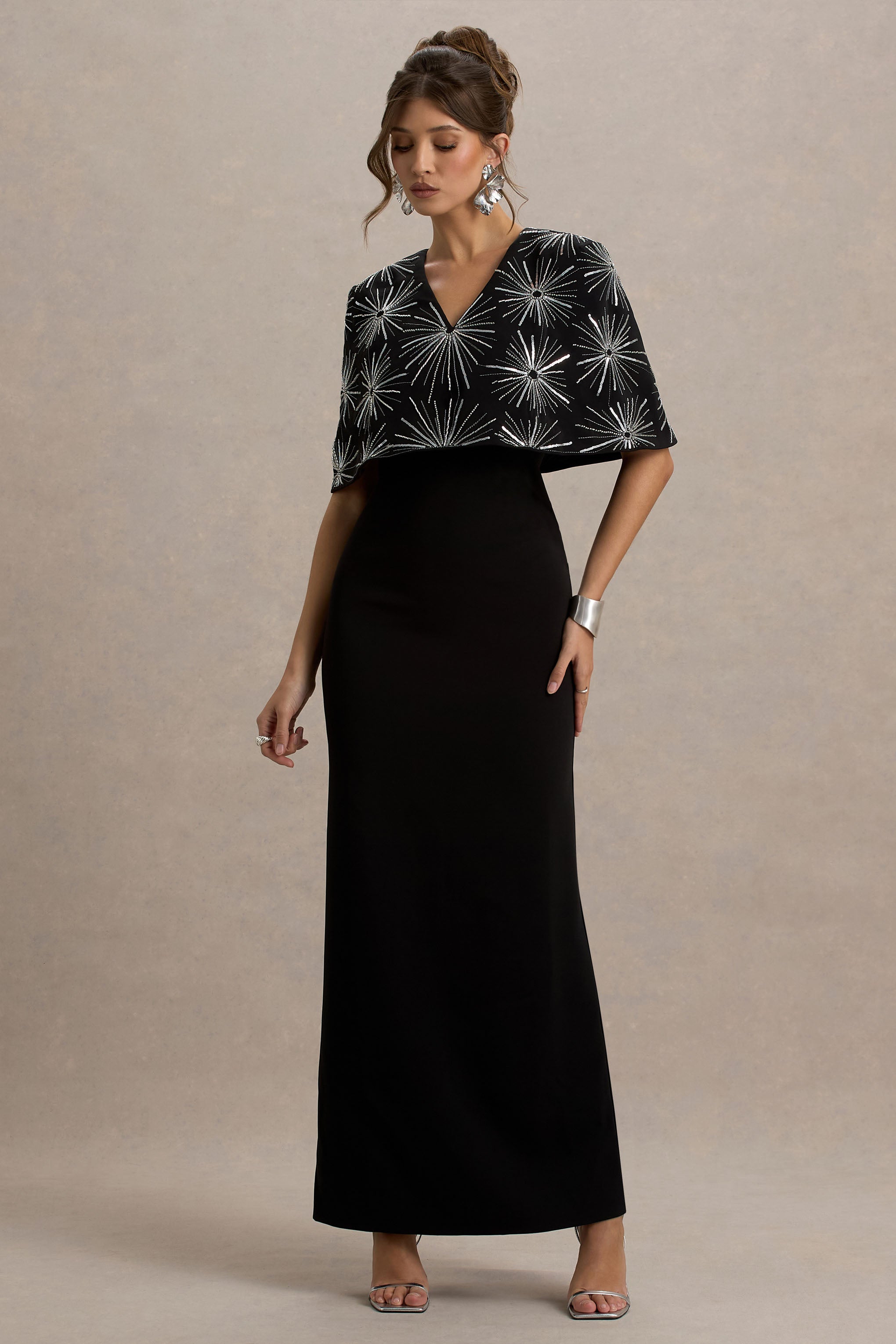 Agnella | Black Embellished V-Neck Maxi Dress