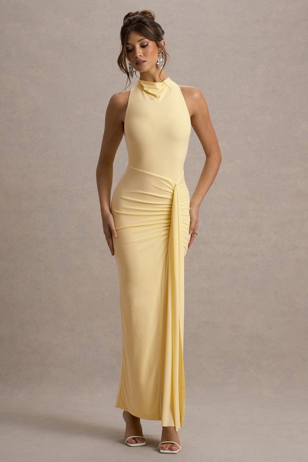 Sunflower | Pale Lemon Ruched High-Neck Split Maxi Dress