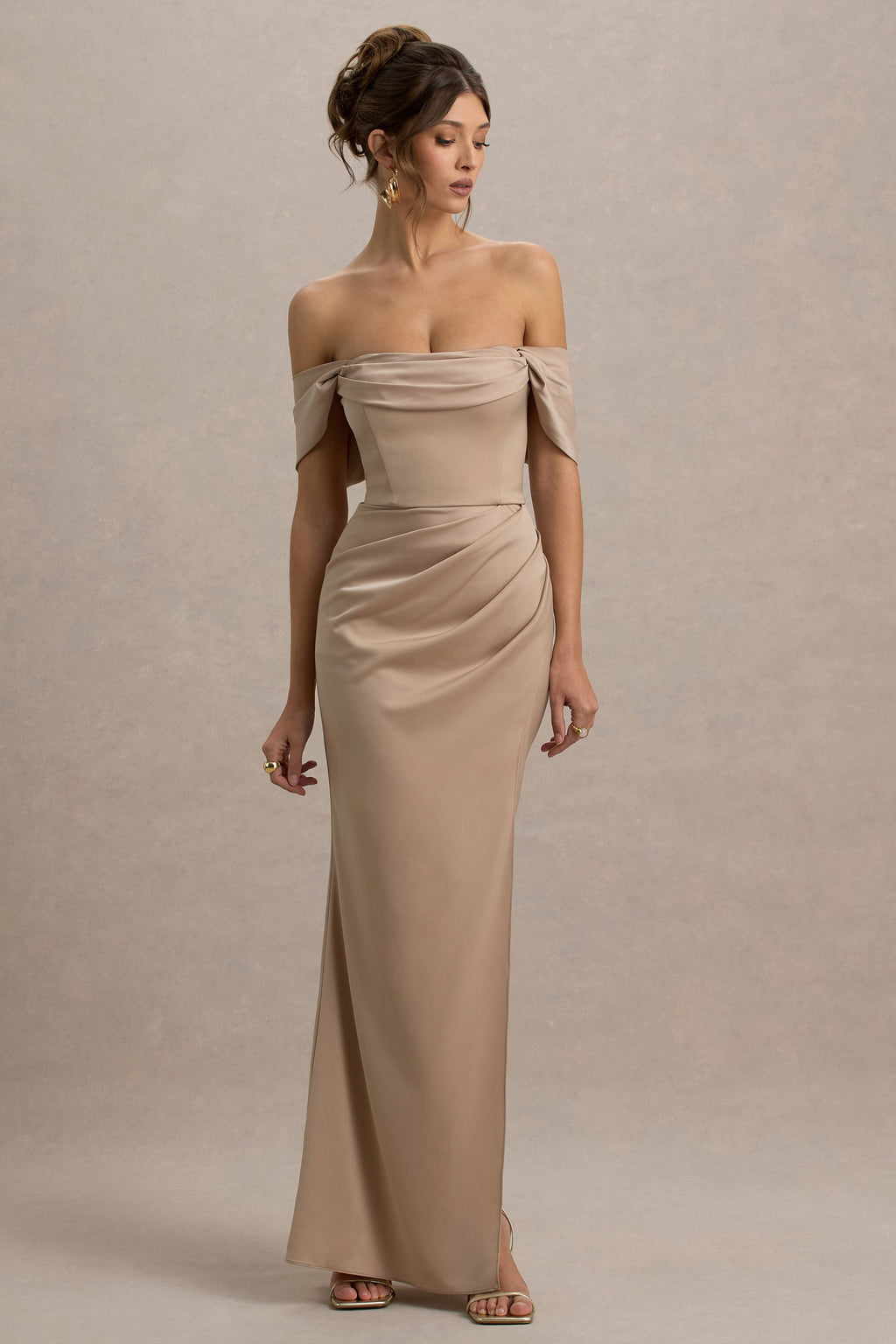 Annie | Champagne Satin Bardot Maxi Dress With Split Wrap Skirt