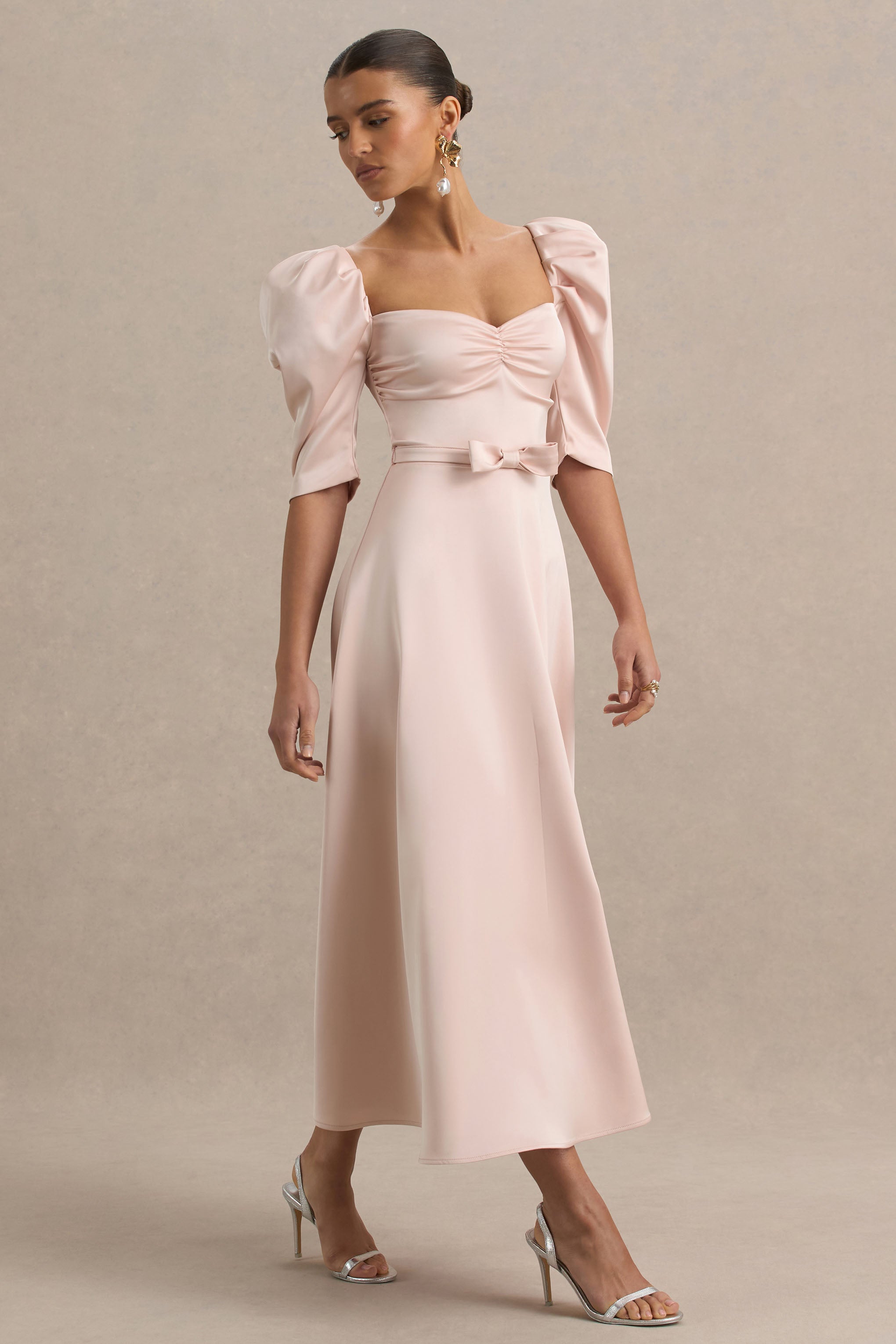 Rosey | Pale Pink Satin Sweetheart Midi Dress