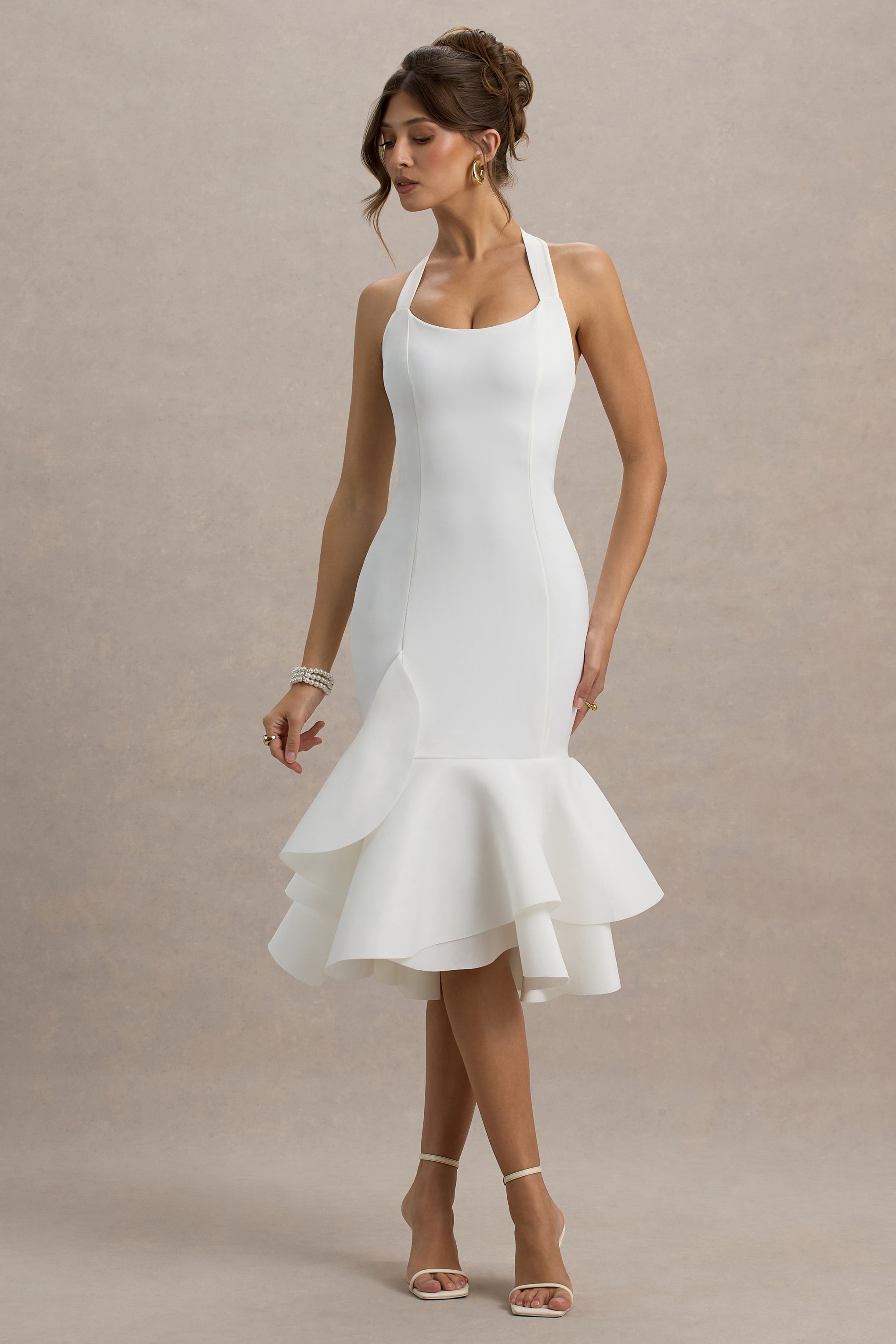 Arla | White Halter Neck Ruffle Trim Midi Dress