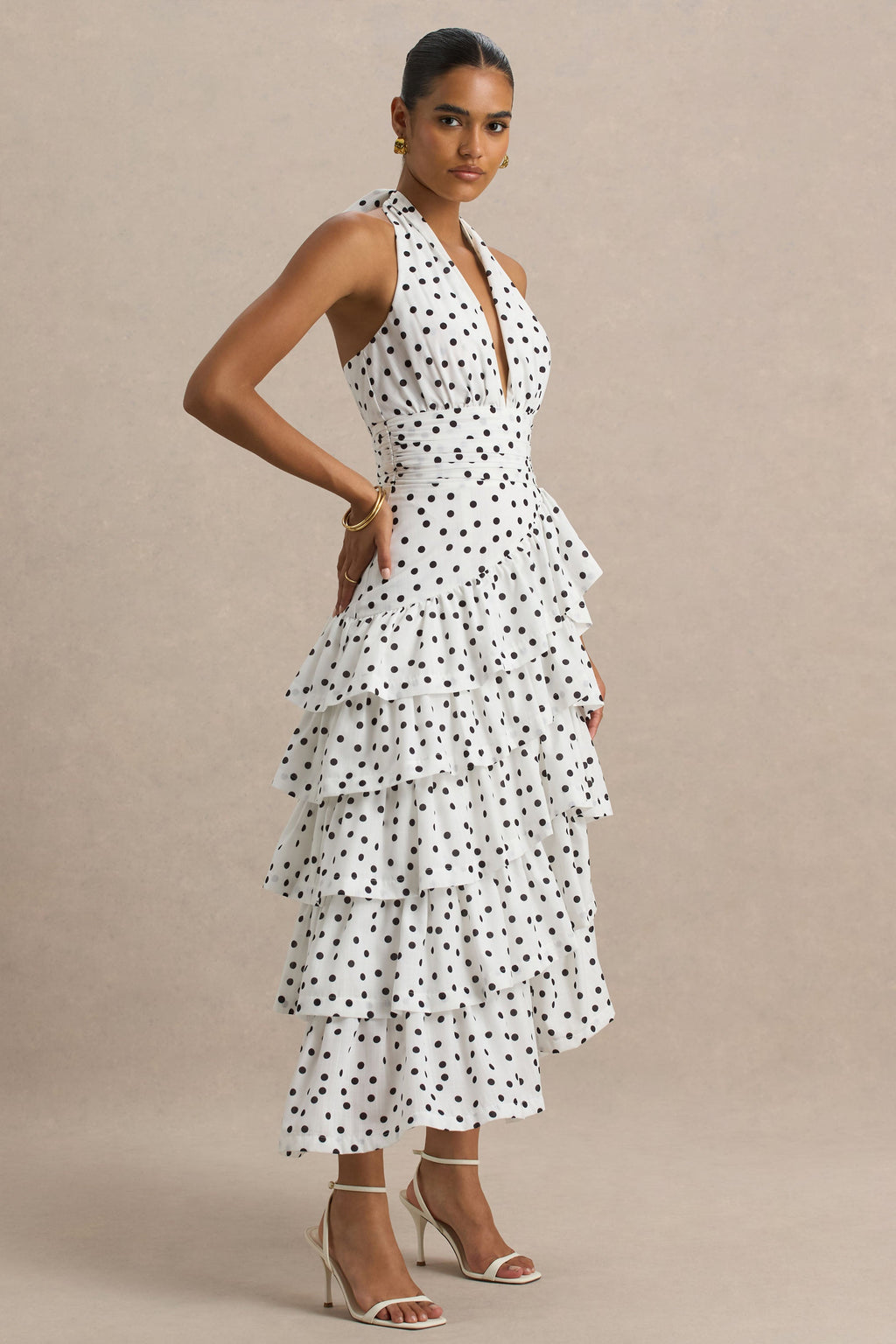 Violet | White Polka Dot Linen Midi Dress With Halter-Neck and Ruffled Skirt