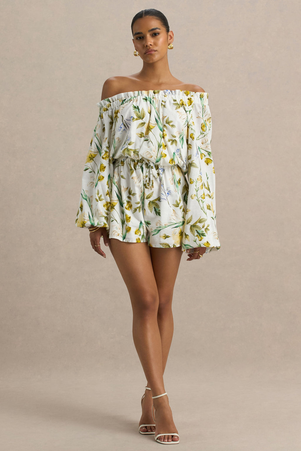 Waterfall | White Botanical Print Linen Asymmetric Long-Sleeve Playsuit