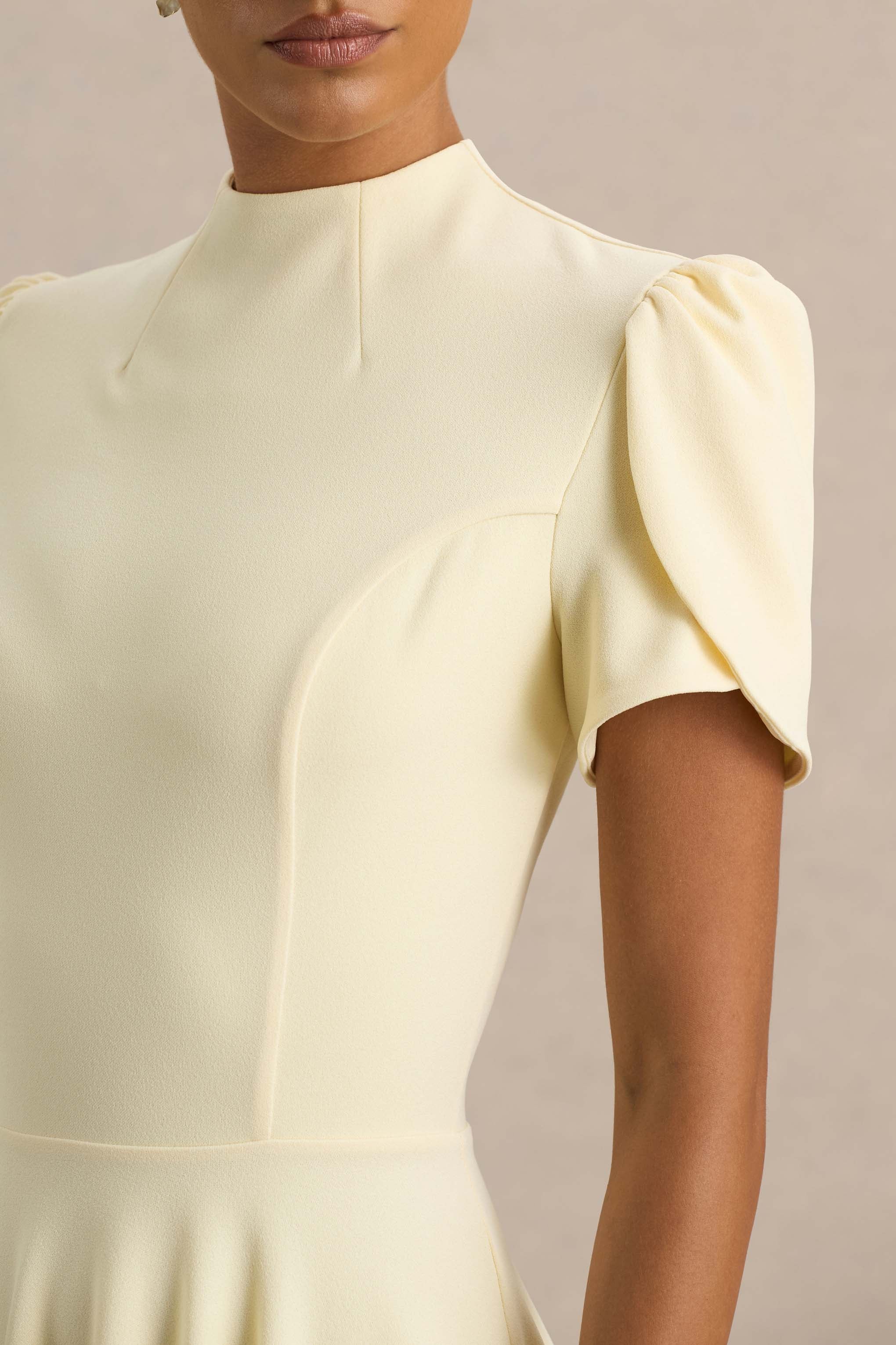 Vicky | Lemon High Neck Midi Dress With Puff Sleeves