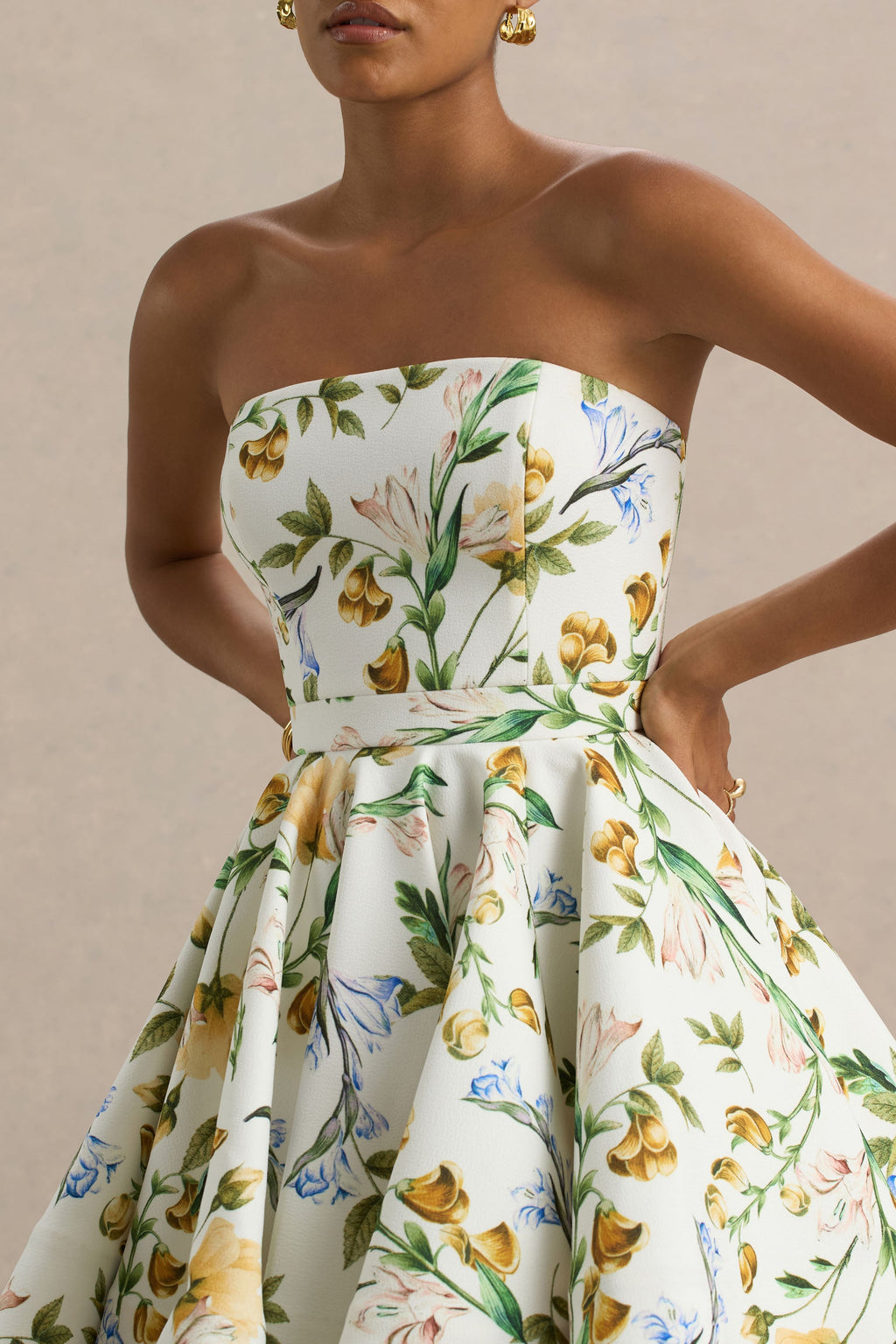 Valerian | White Botanical Print Bandeau Mini Dress With Ruffle Hem