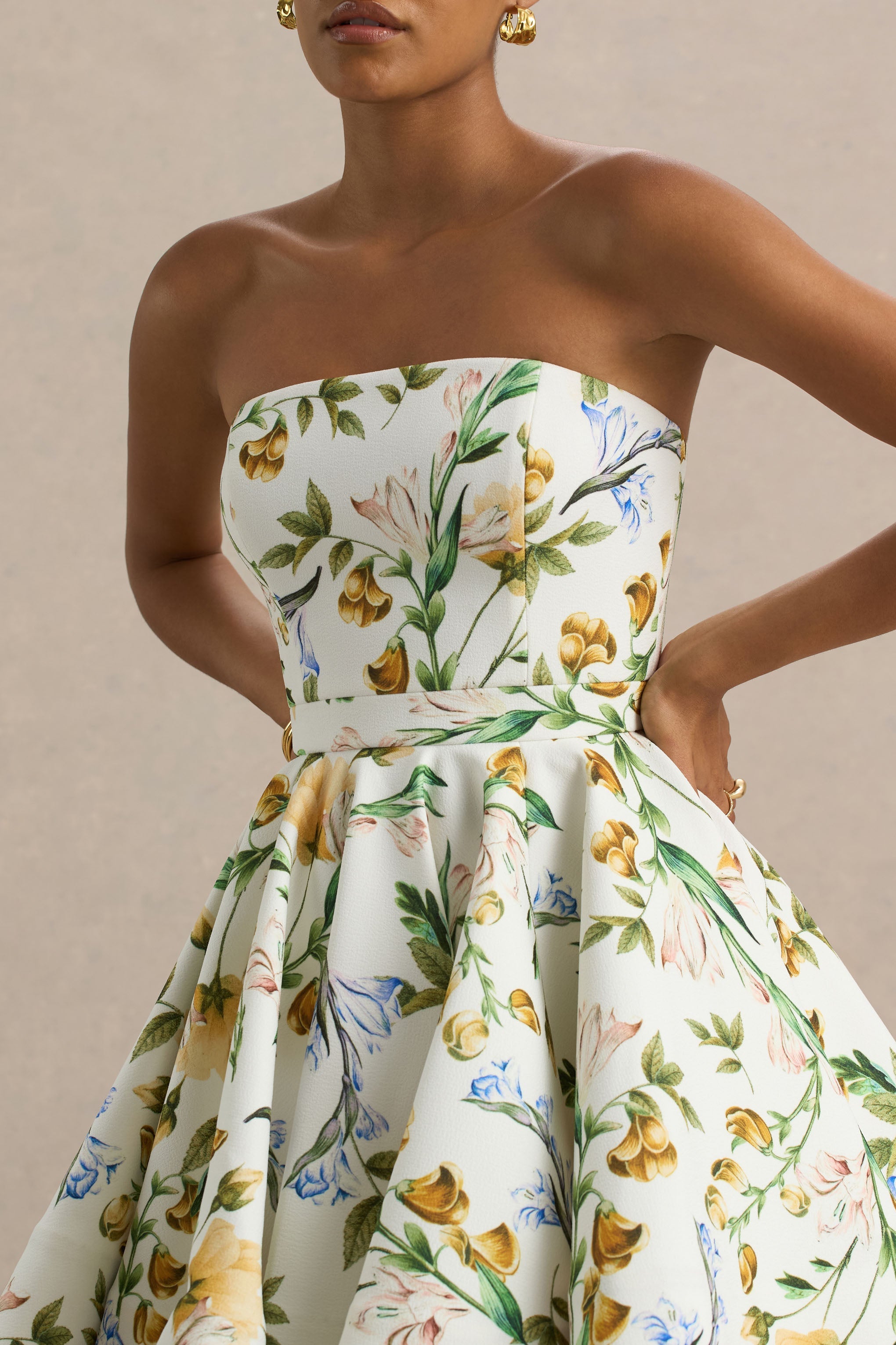 Valerian | White Botanical Print Bandeau Mini Dress With Ruffle Hem