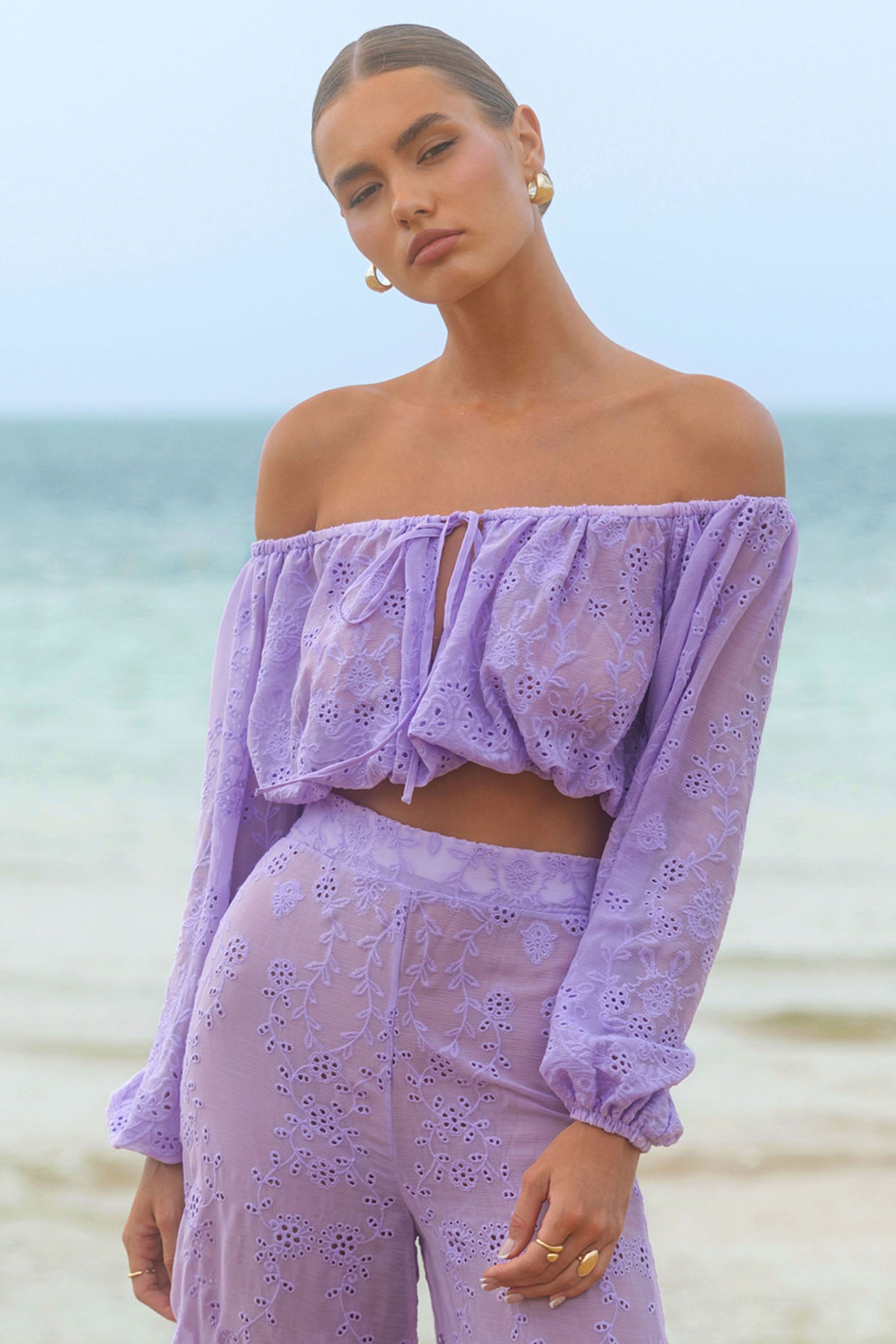 Fabienne | Lilac Broidery Bardot Puff-Sleeve Top