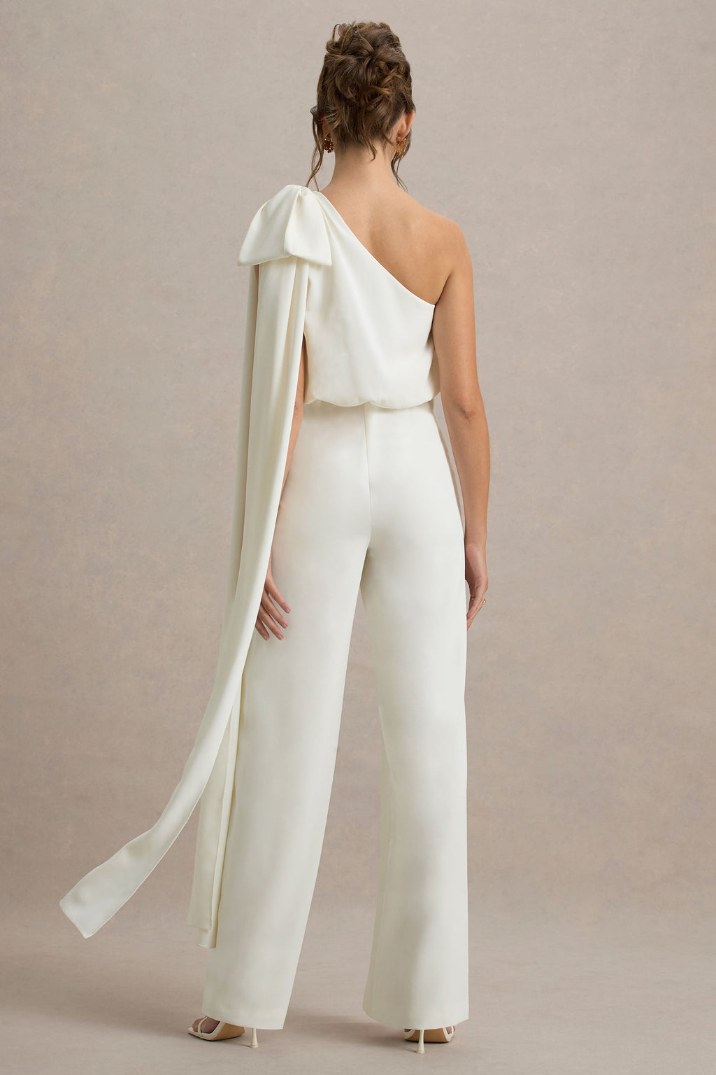 Alice | Cream Asymmetric Bow Shoulder Jumpsuit With Drape