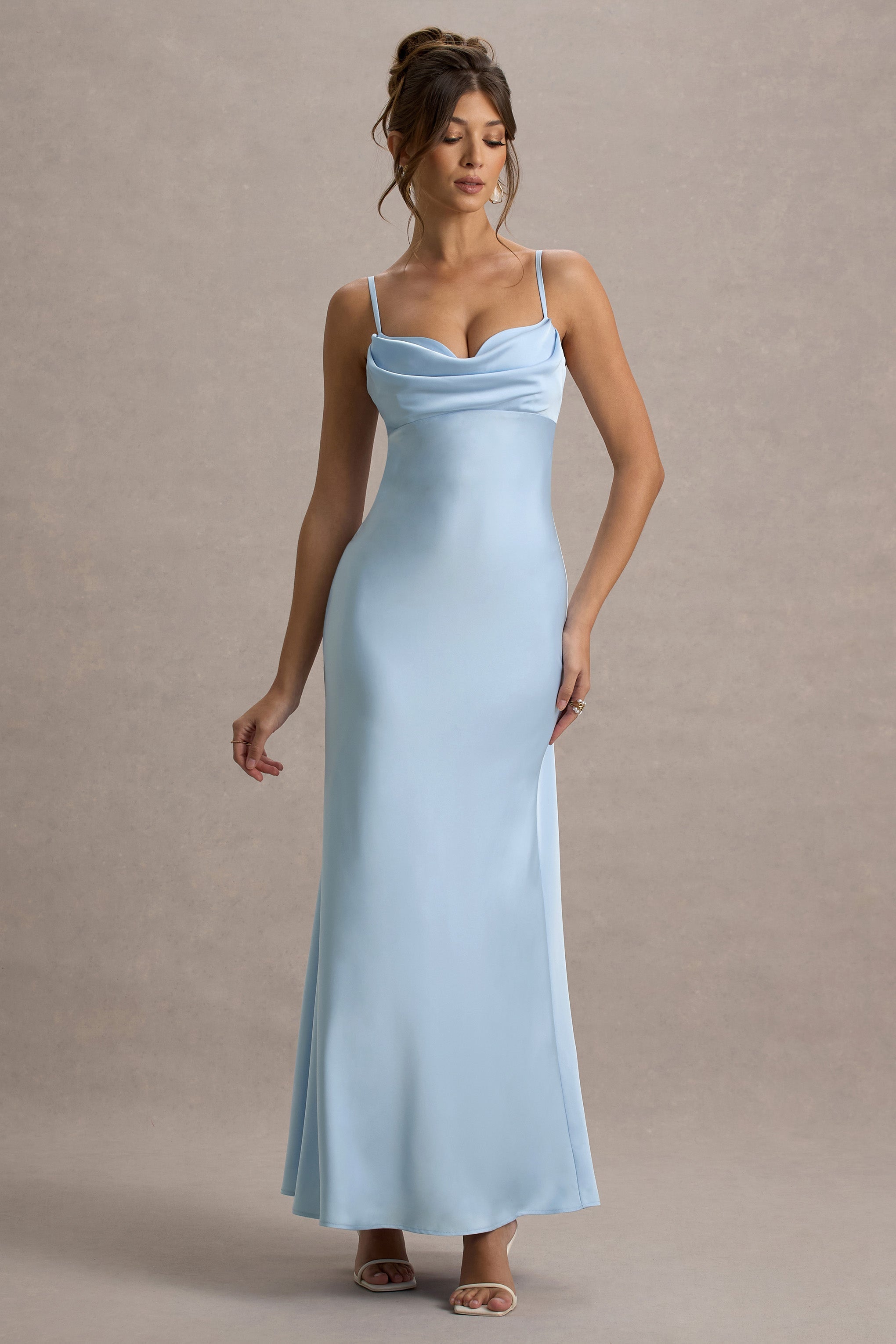 Eimear | Powder Blue Satin Draped Sweetheart Maxi Dress