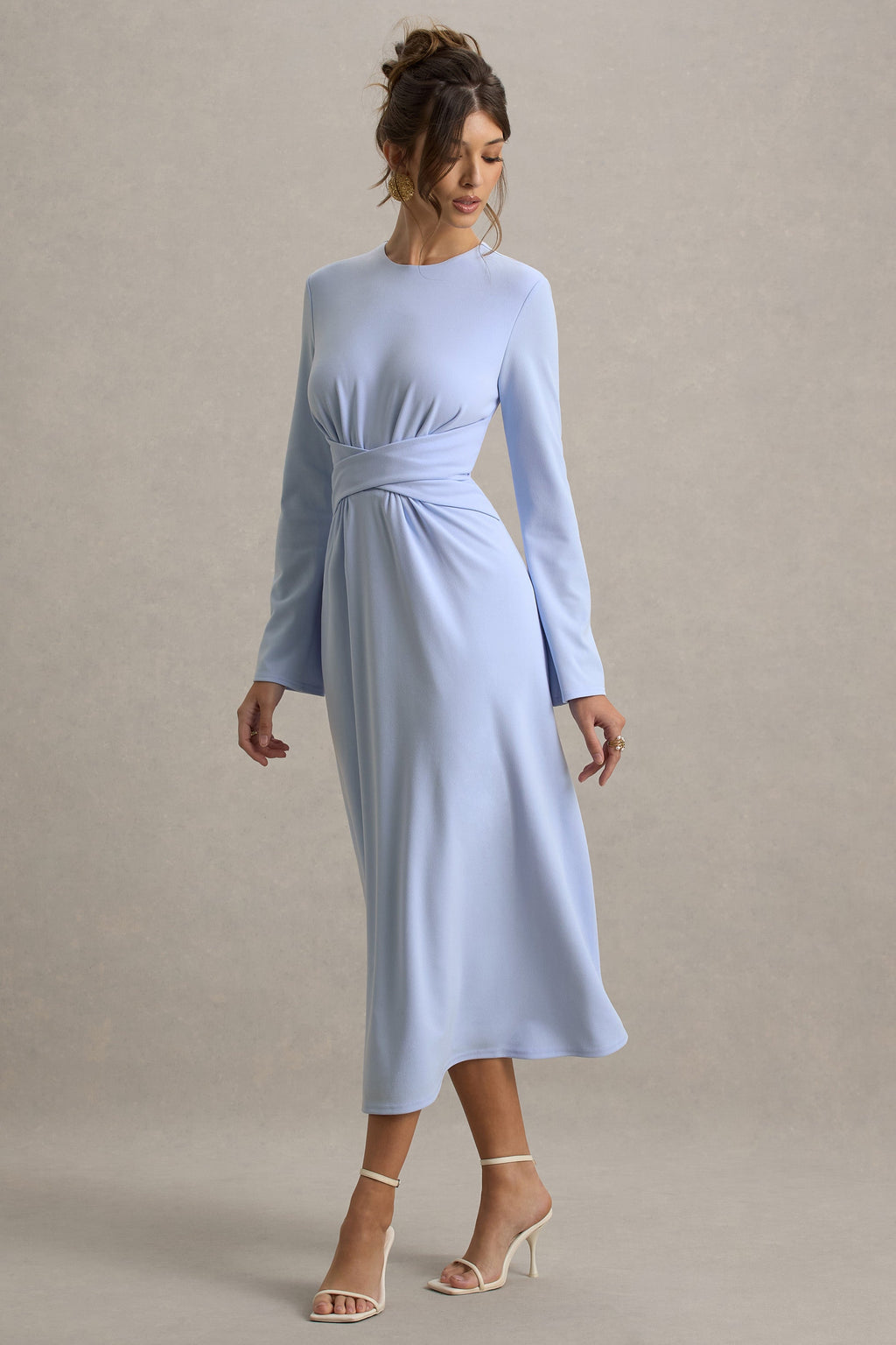 Cassiopeia | Powder Blue Long-Sleeve Midi Dress With Cross Waist