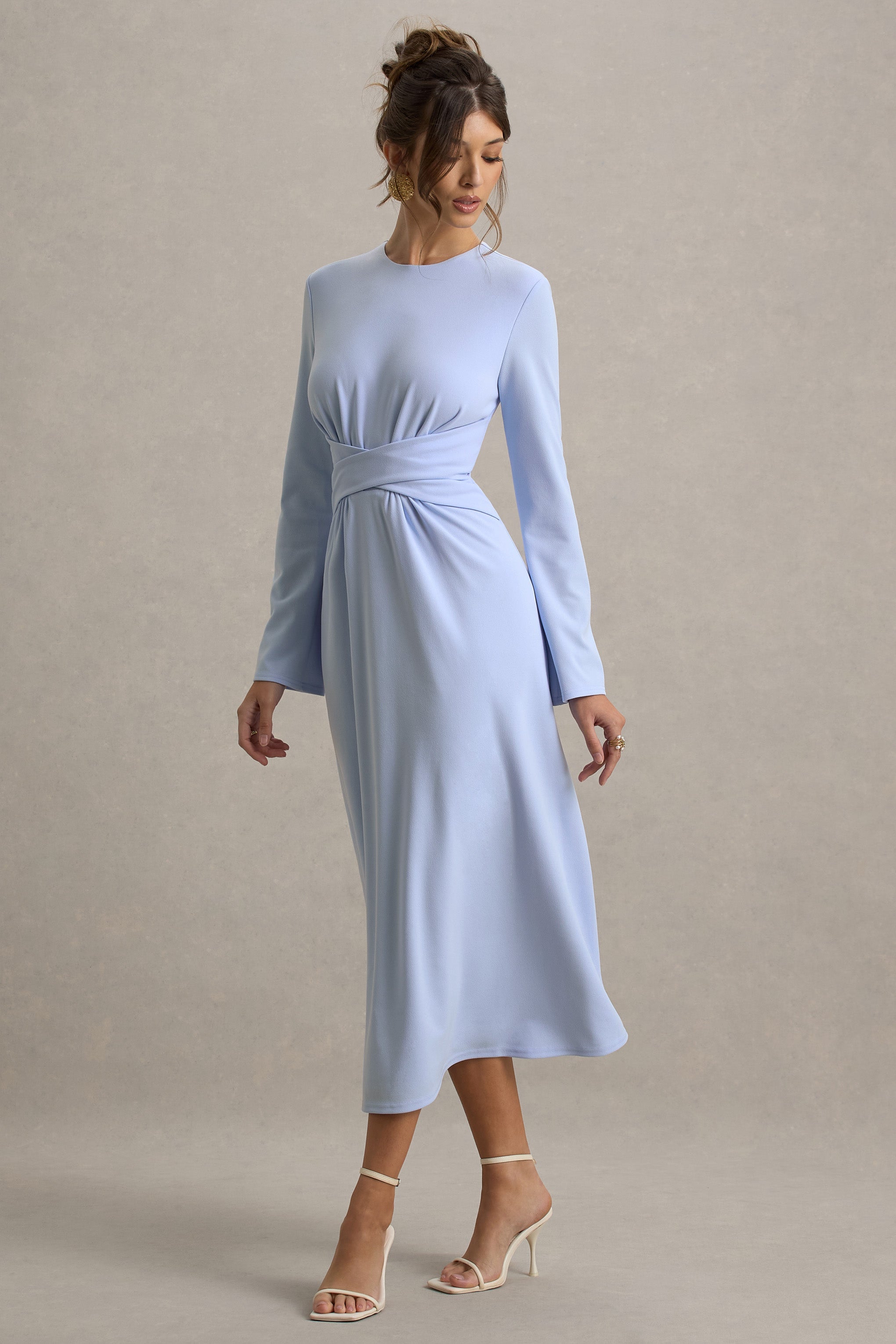 Cassiopeia | Powder Blue Long-Sleeve Midi Dress With Cross Waist