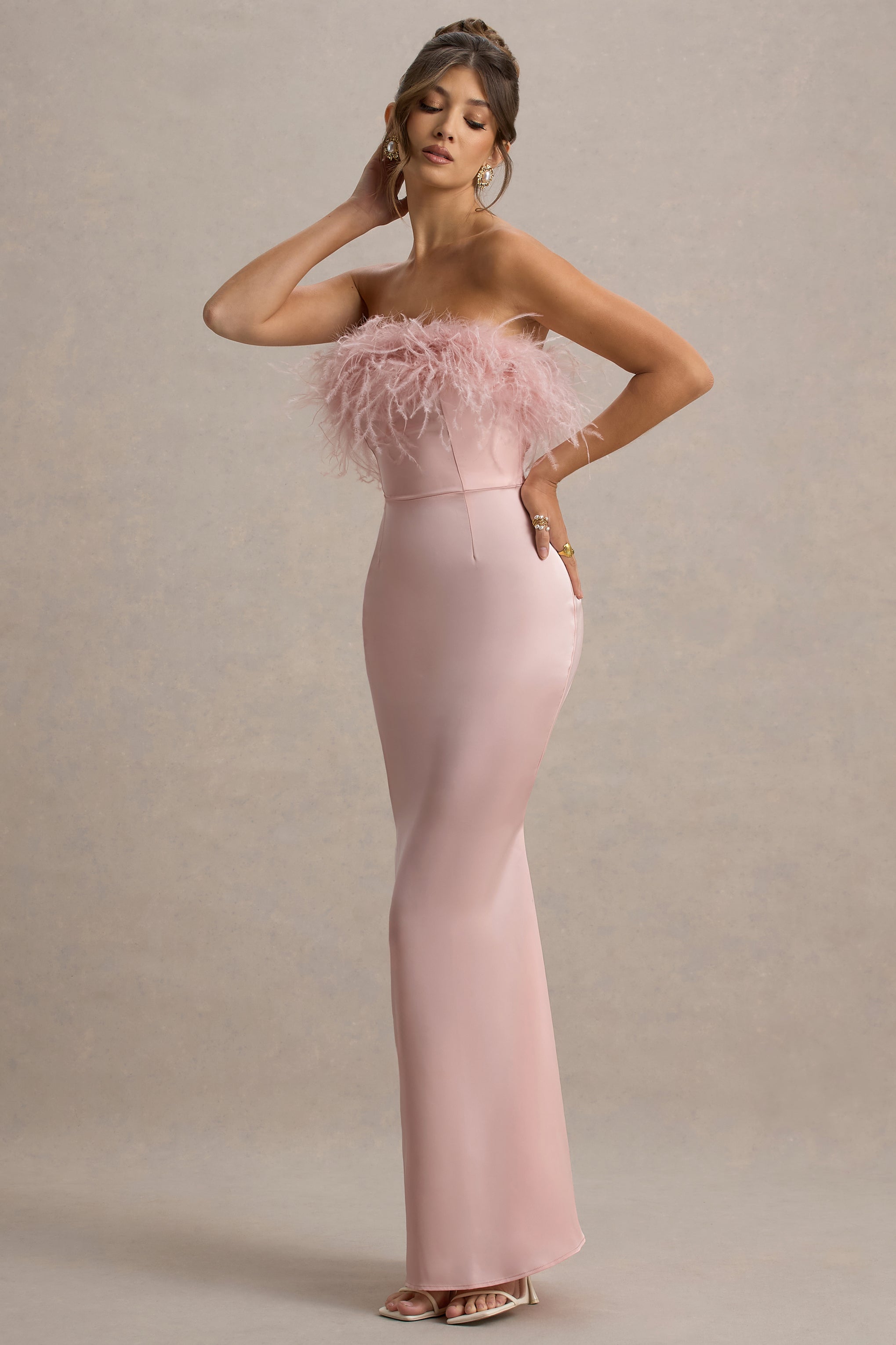 Dress For It | Pale Pink Satin Feather Trim Bandeau Maxi Dress