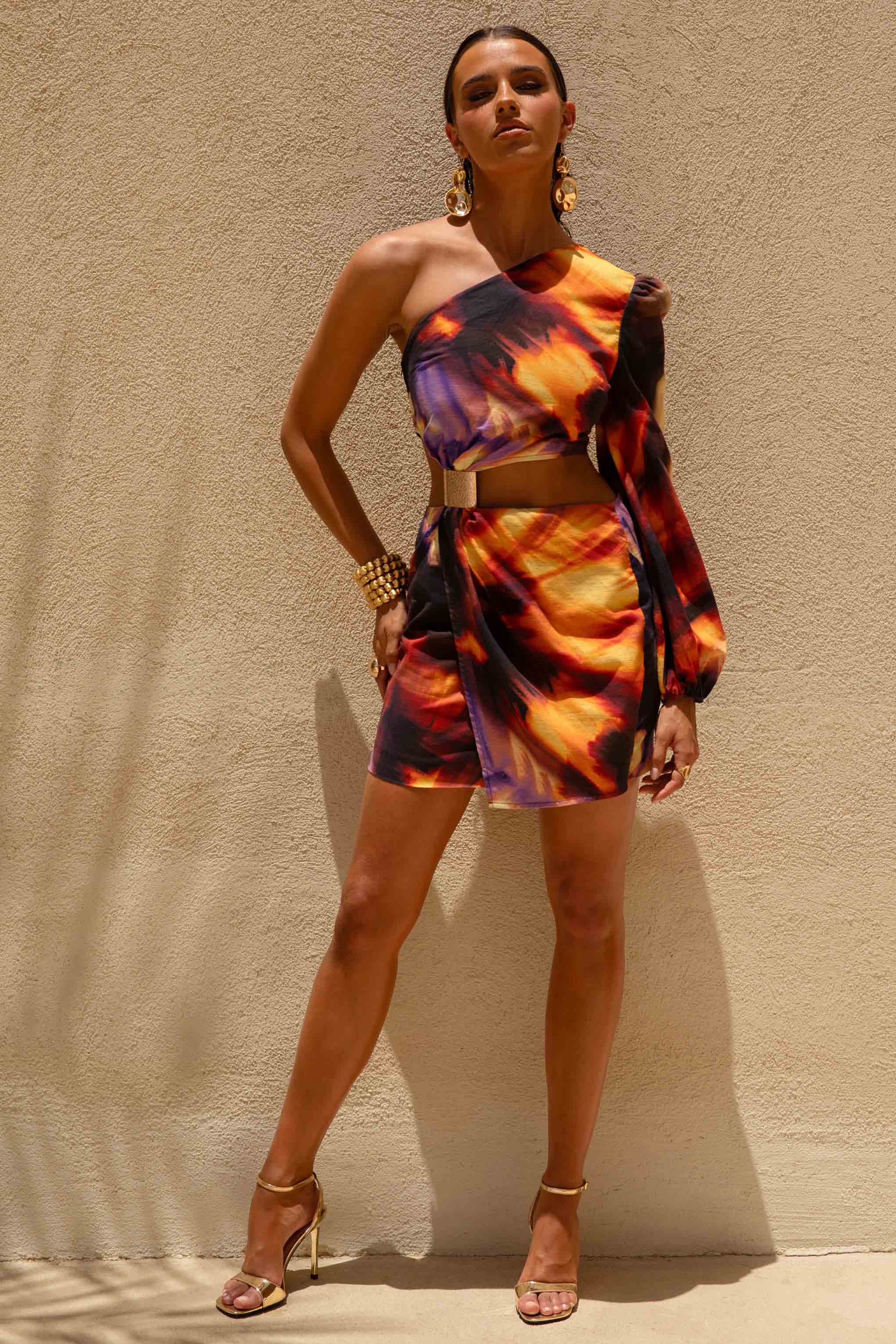 Zen | Smoke Print Linen Asymmetric Mini Dress With Cut-Out Detail