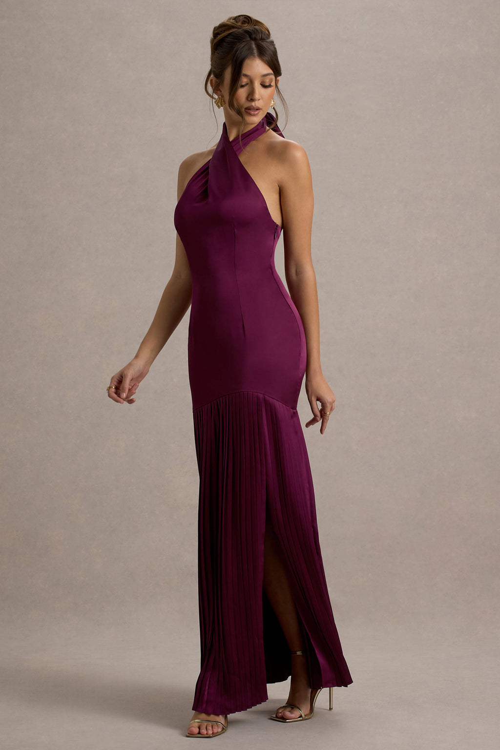 Sansa | Burgundy Satin Cross Halter-Neck Plisse Maxi Dress