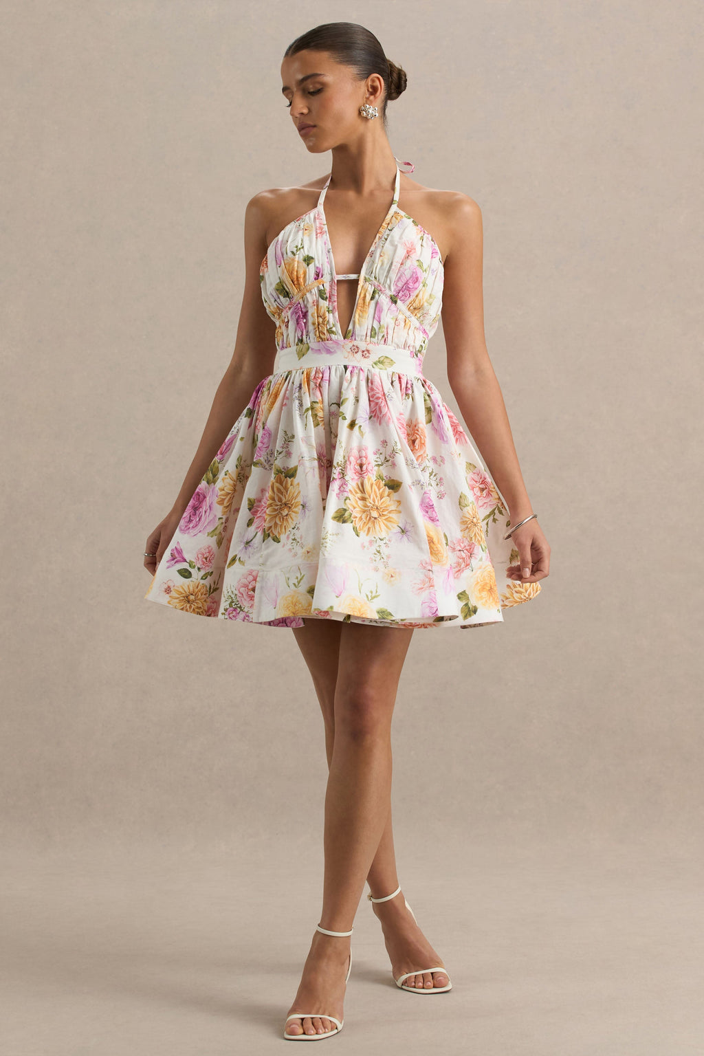 Kasey | Cream Floral Print Halter-Neck Mini Dress With Ruffle Detail