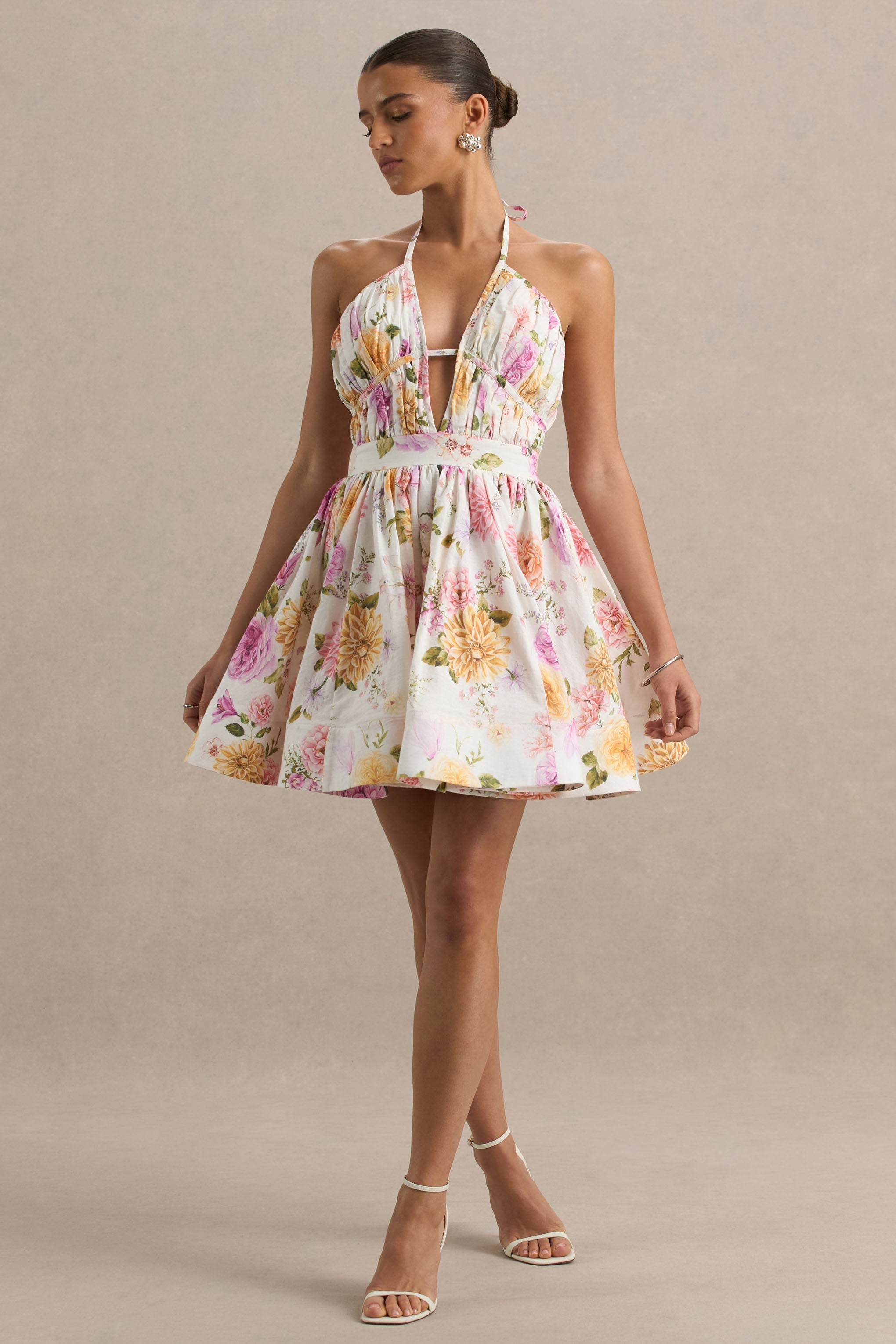 Kasey | Cream Floral Print Halter-Neck Mini Dress With Ruffle Detail