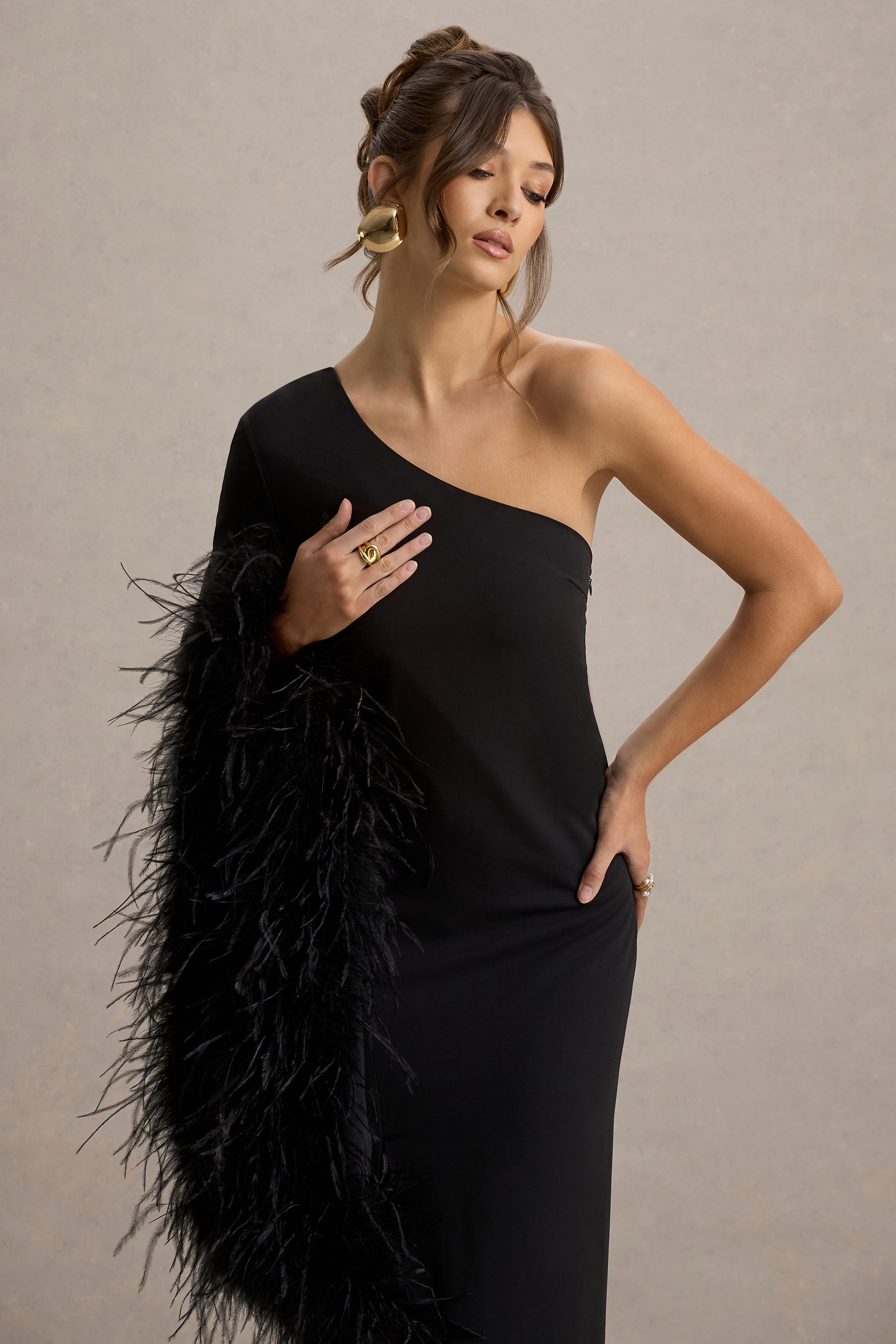 Armina | Black One-Shoulder Feather-Trim Maxi Dress
