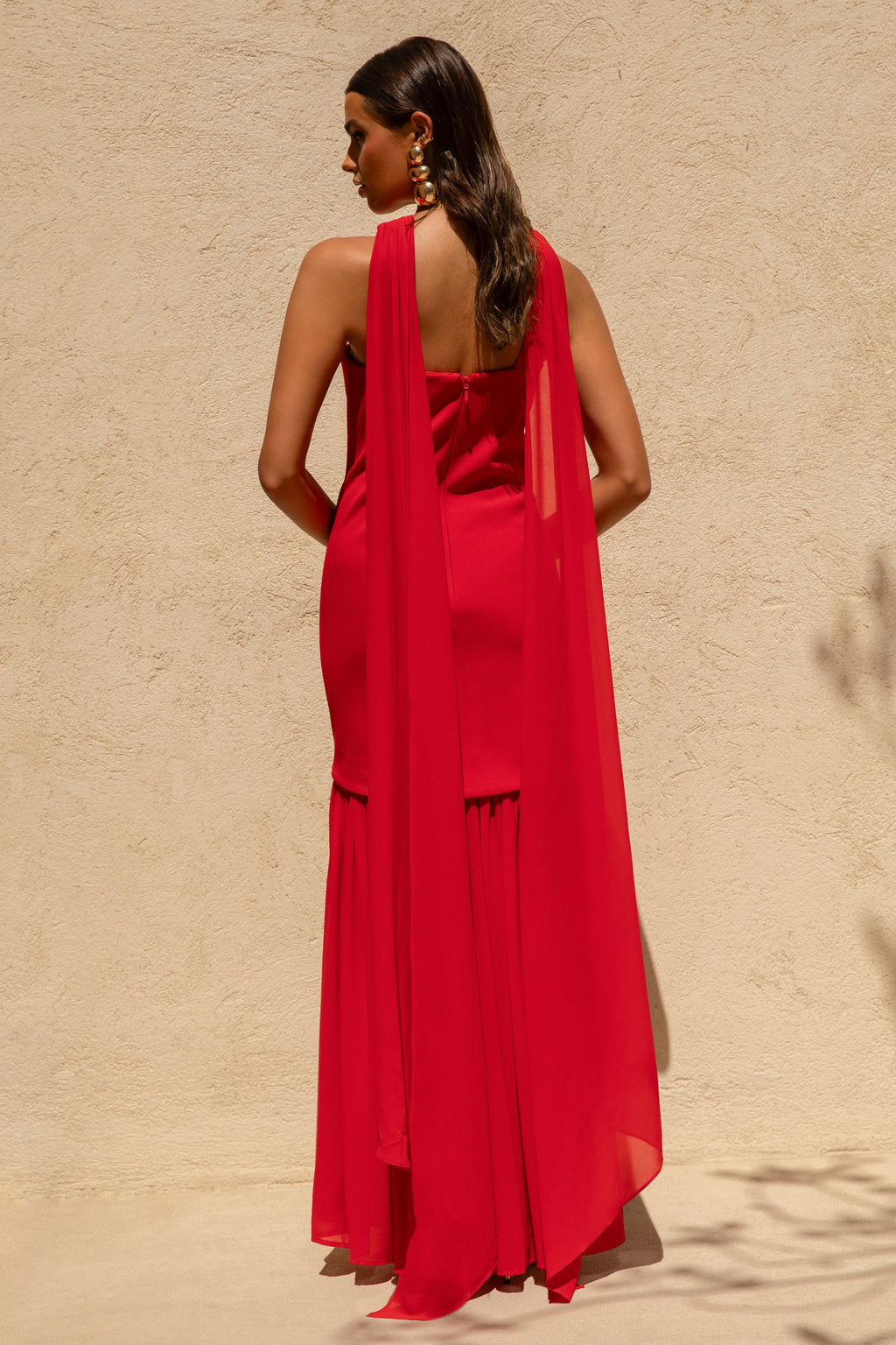 Kylie | Red High-Neck Maxi Dress With Chiffon Skirt