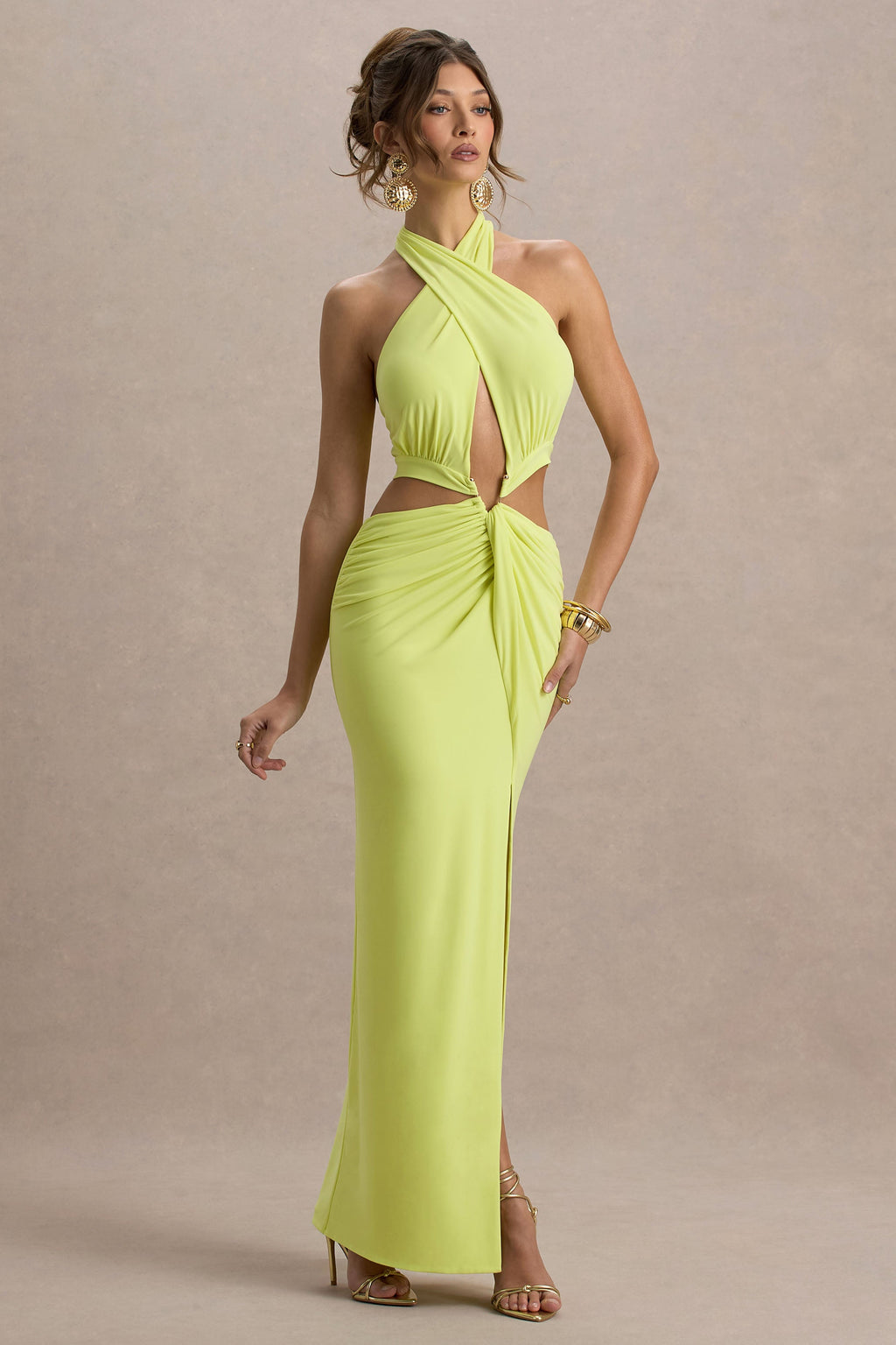 Aura | Lime Green Halter-Neck Cut-Out Split Maxi Dress