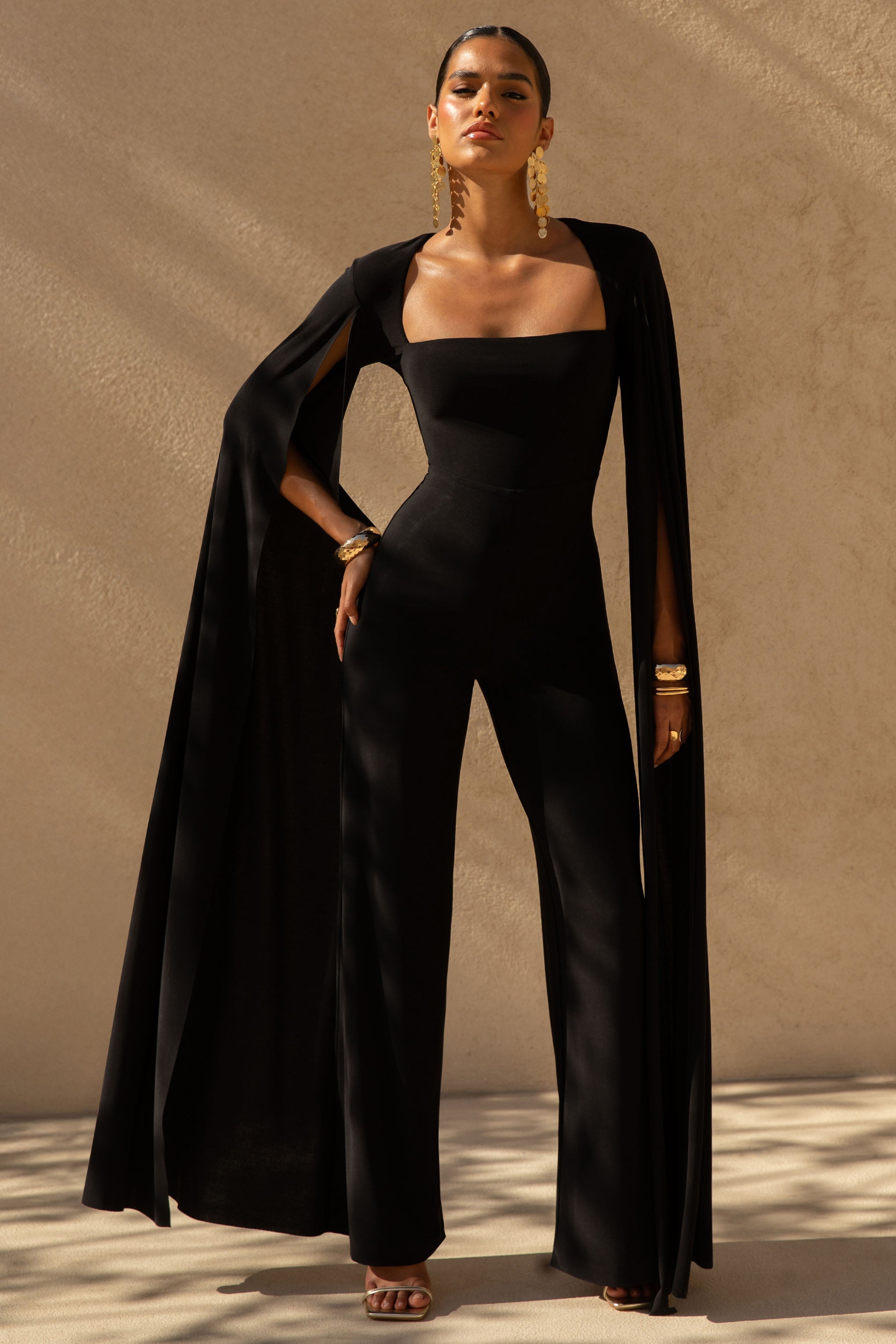 Zara | Black Square-Neck Jumpsuit With Cape Sleeves