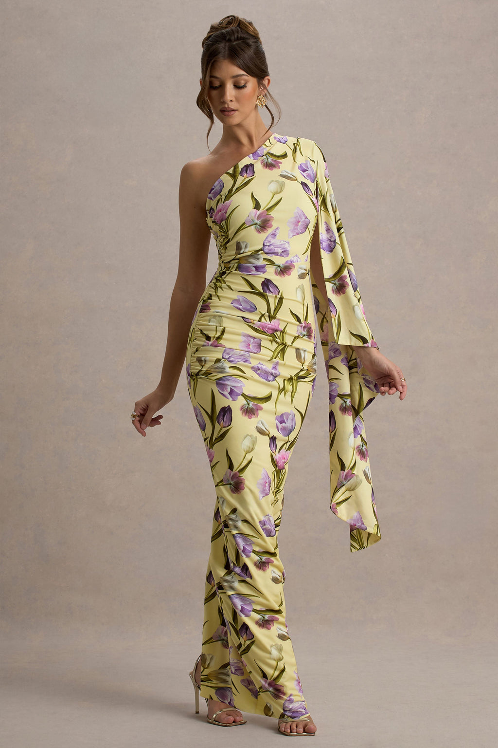 Clementina | Tulip Floral Print Asymmetric Cape Sleeve Maxi Dress