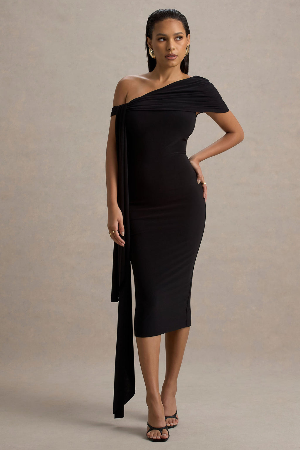 Vallea | Black One-Shoulder Draped Midi Dress