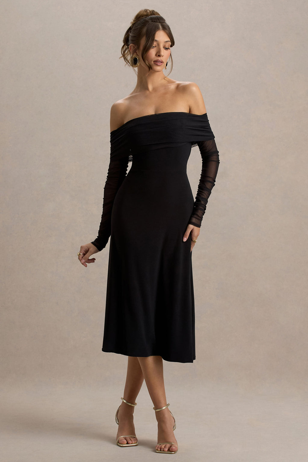 Flatter Me | Black Bardot Midi Dress With Mesh Sleeves