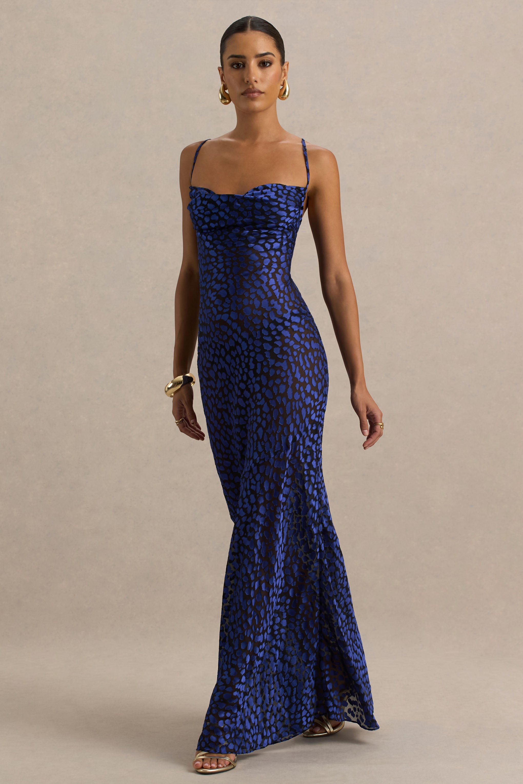 Marya | Blue Leopard Print Cowl-Neck Maxi Dress