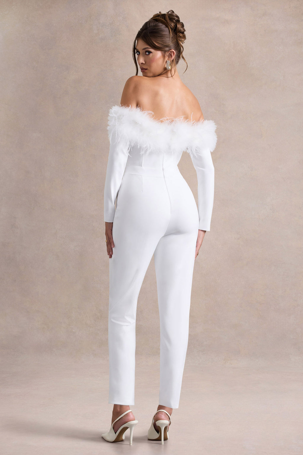 Ales | White Bardot Tailored Straight-Leg Jumpsuit With Feather Trim