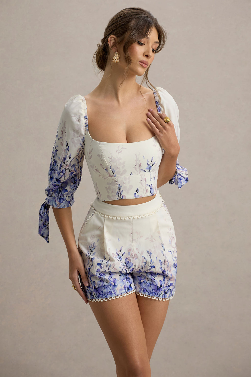 Bibi | Wisteria Print Linen Puff-Sleeve Top
