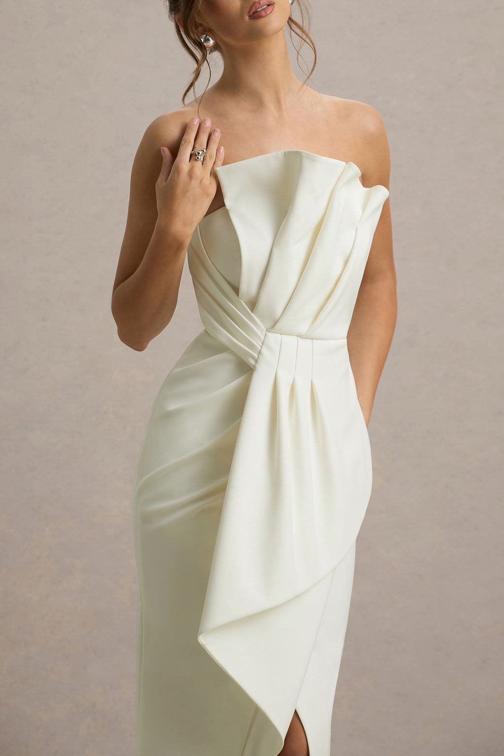 Dreamy Whispers | Cream Strapless Ruffle Split Maxi Dress