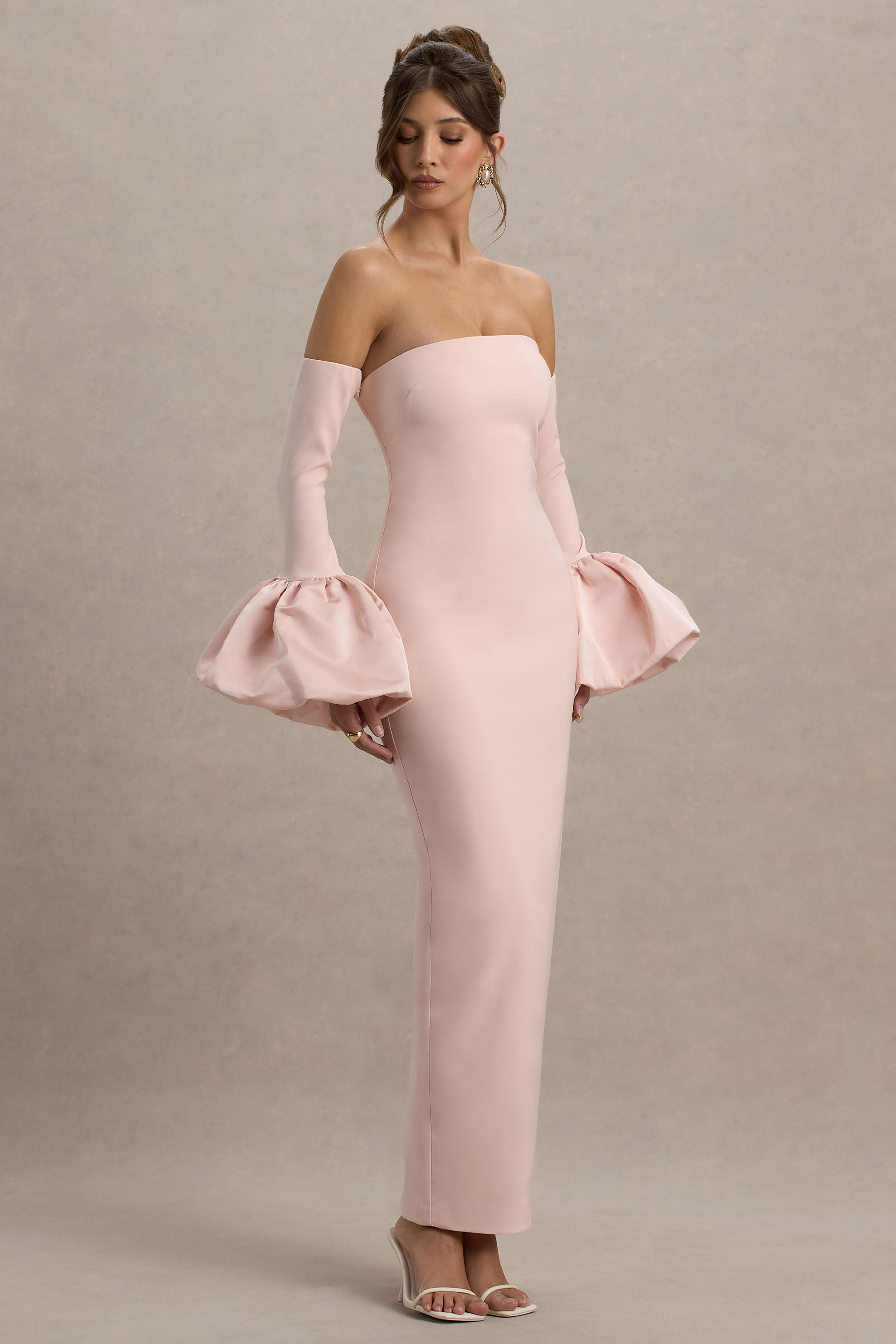 Myah | Pink Bandeau Long-Sleeve Maxi Dress With Puff Cuffs
