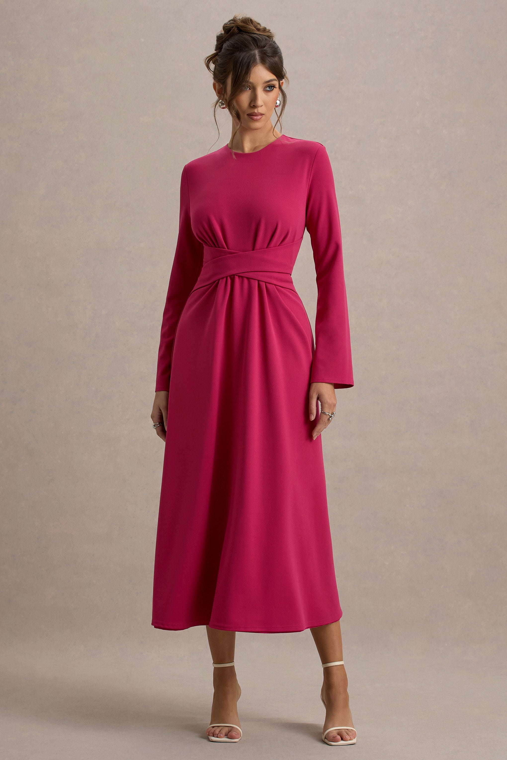 Cassiopeia | Hot Pink Long-Sleeve Midi Dress With Cross Waist