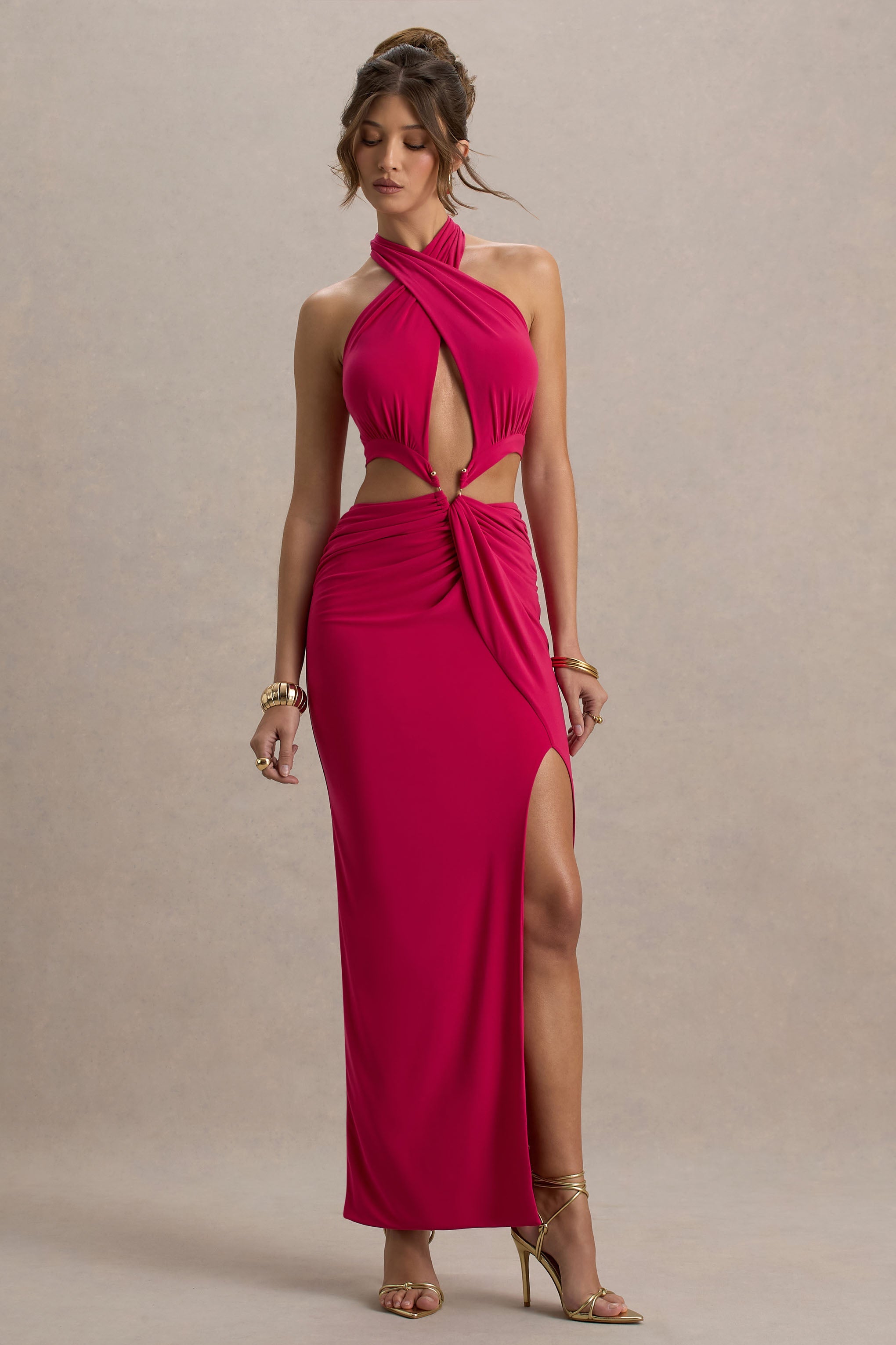 Aura | Hot Pink Halter-Neck Cut-Out Split Maxi Dress