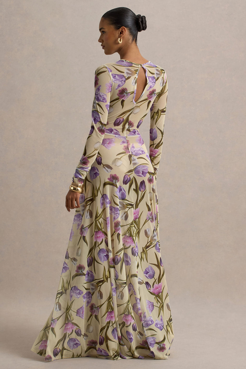 Koami | Yellow Floral Long-Sleeve Ruched Maxi Dress With High Split