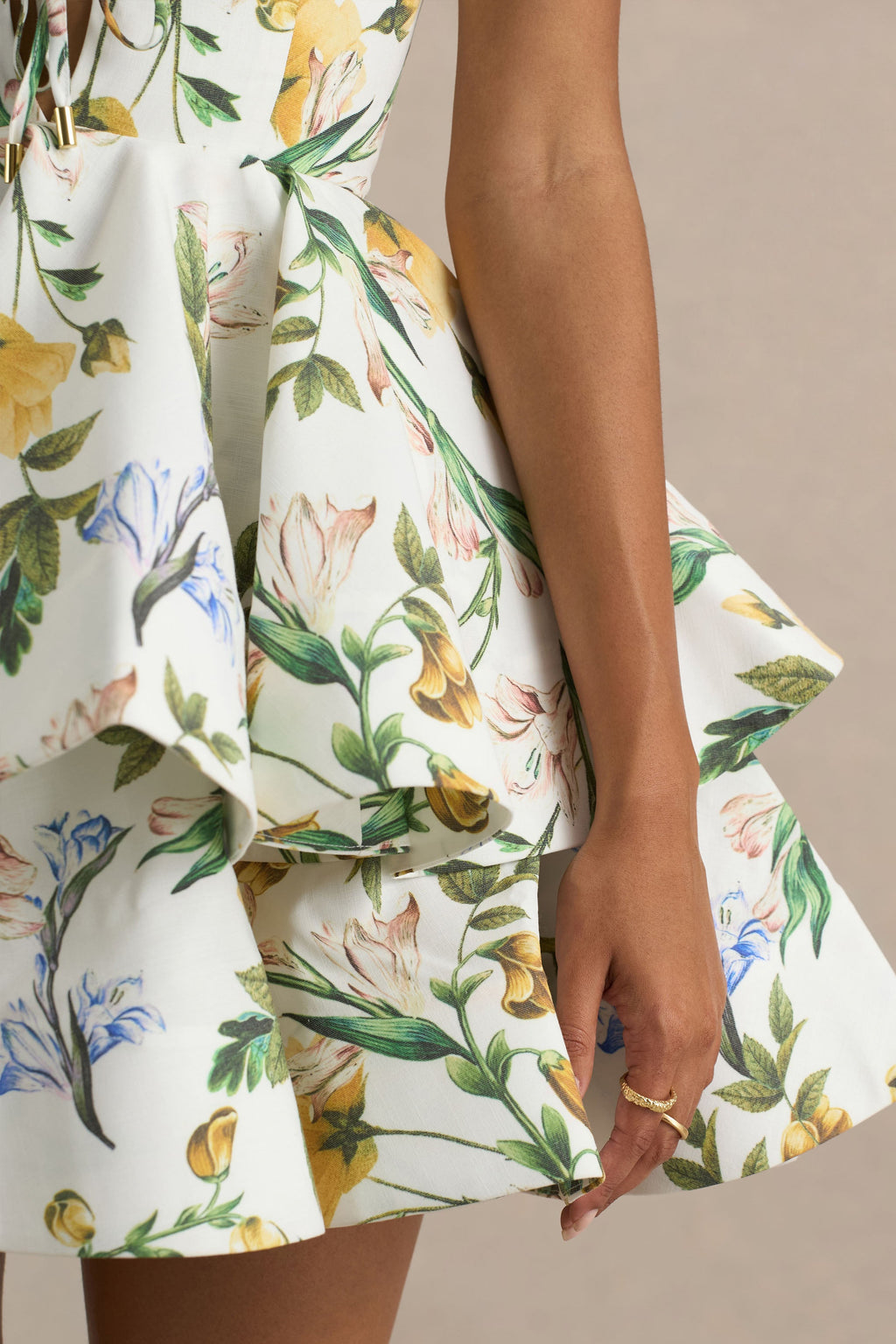 Flavia | White Botanical Print Linen Plunge-Neck Ruffled Skater Micro-Mini Dress