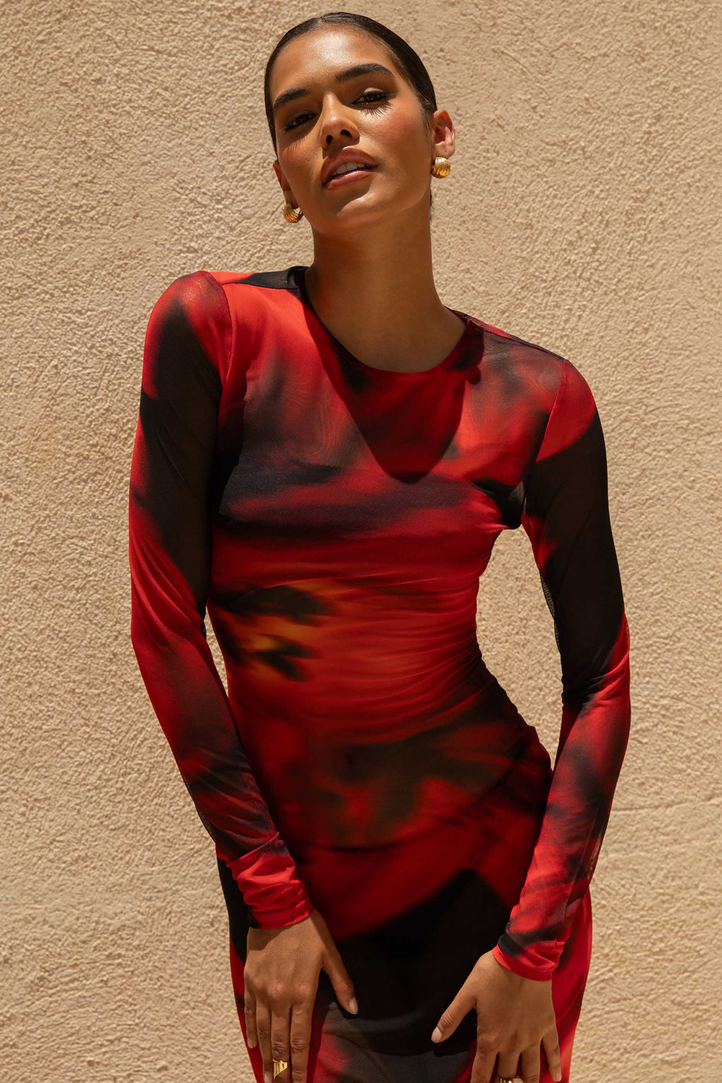 Marcy | Red And Black Floral Print High-Neck Maxi Dress