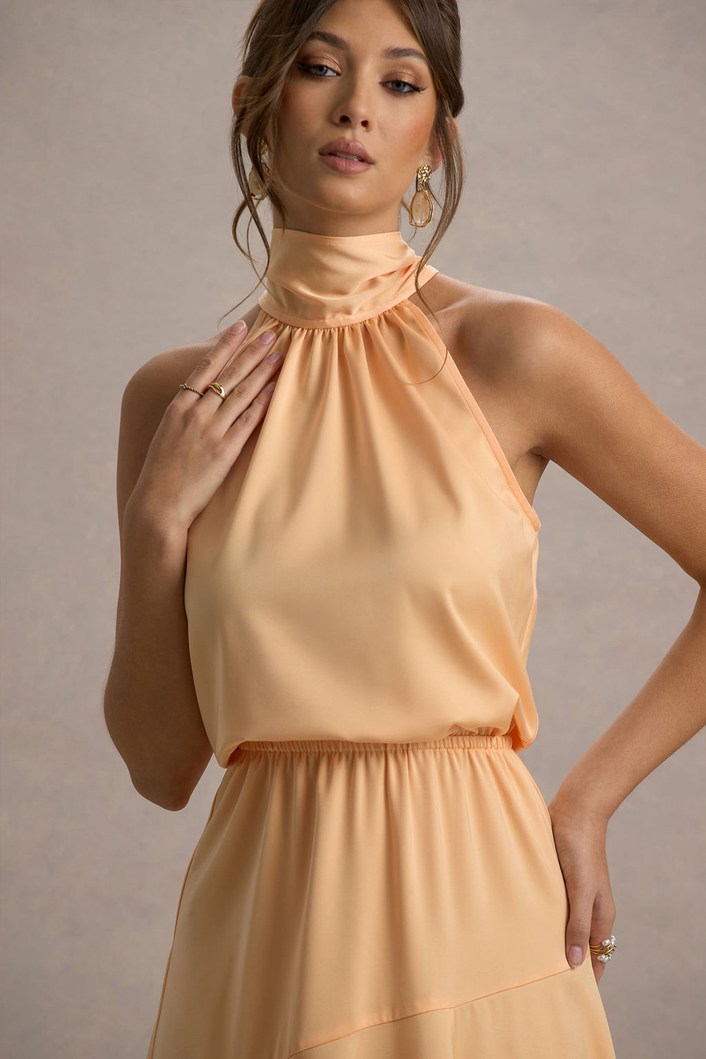 Palonia | Peach Satin High-Neck Split Midi Dress