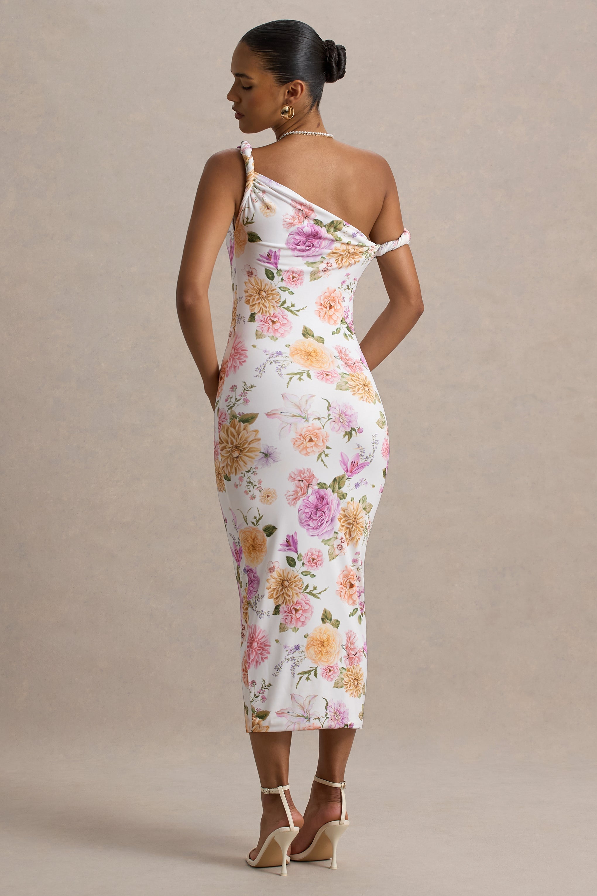 Nora | Peach And Lilac Floral Twisted Asymmetric Midi Dress