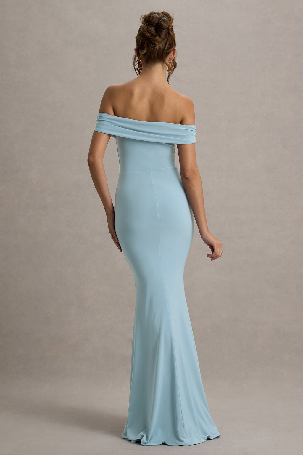 Law of Attraction | Powder Blue Bardot Draped Split Maxi Dress