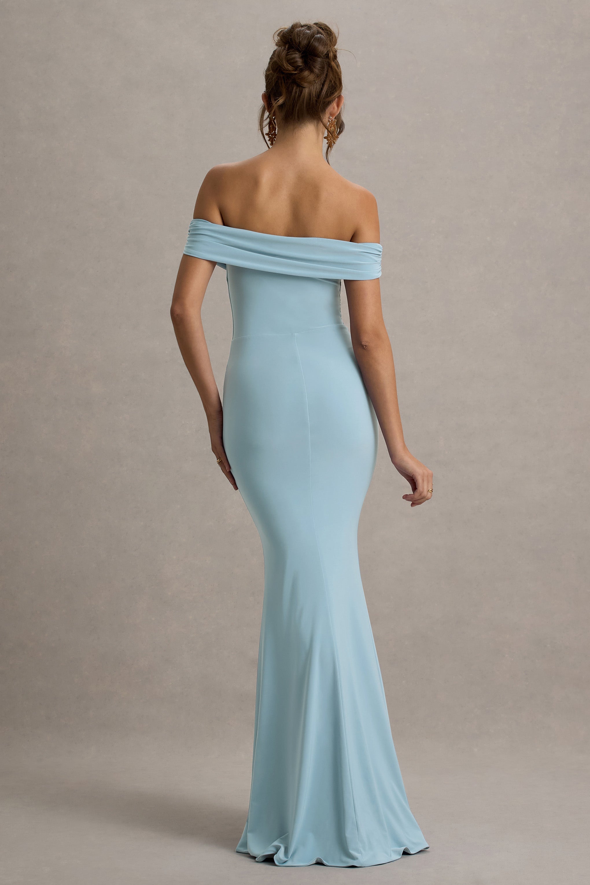 Law of Attraction | Powder Blue Bardot Draped Split Maxi Dress